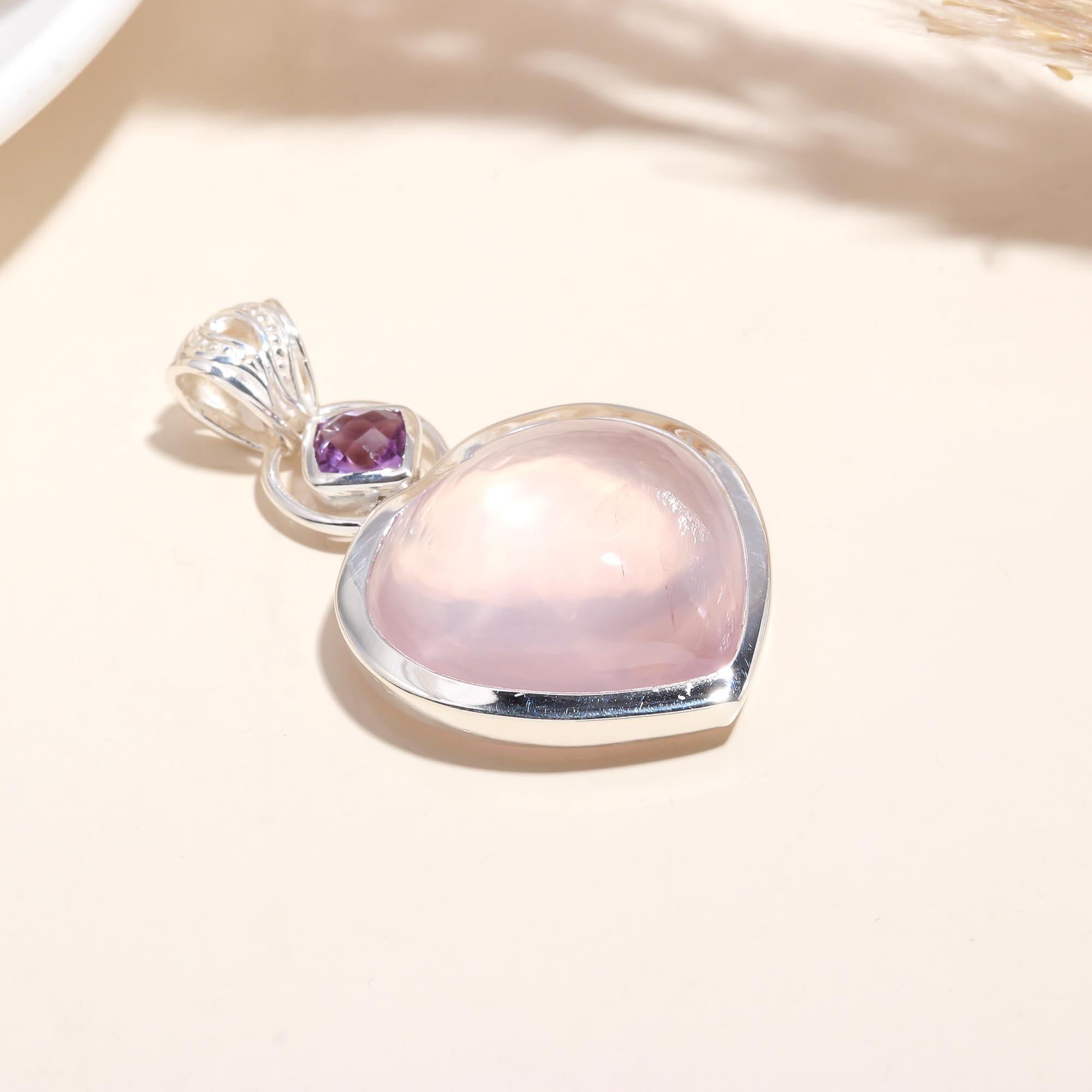 The Sweet Harmony: Rose Quartz Heart & Amethyst Pendant