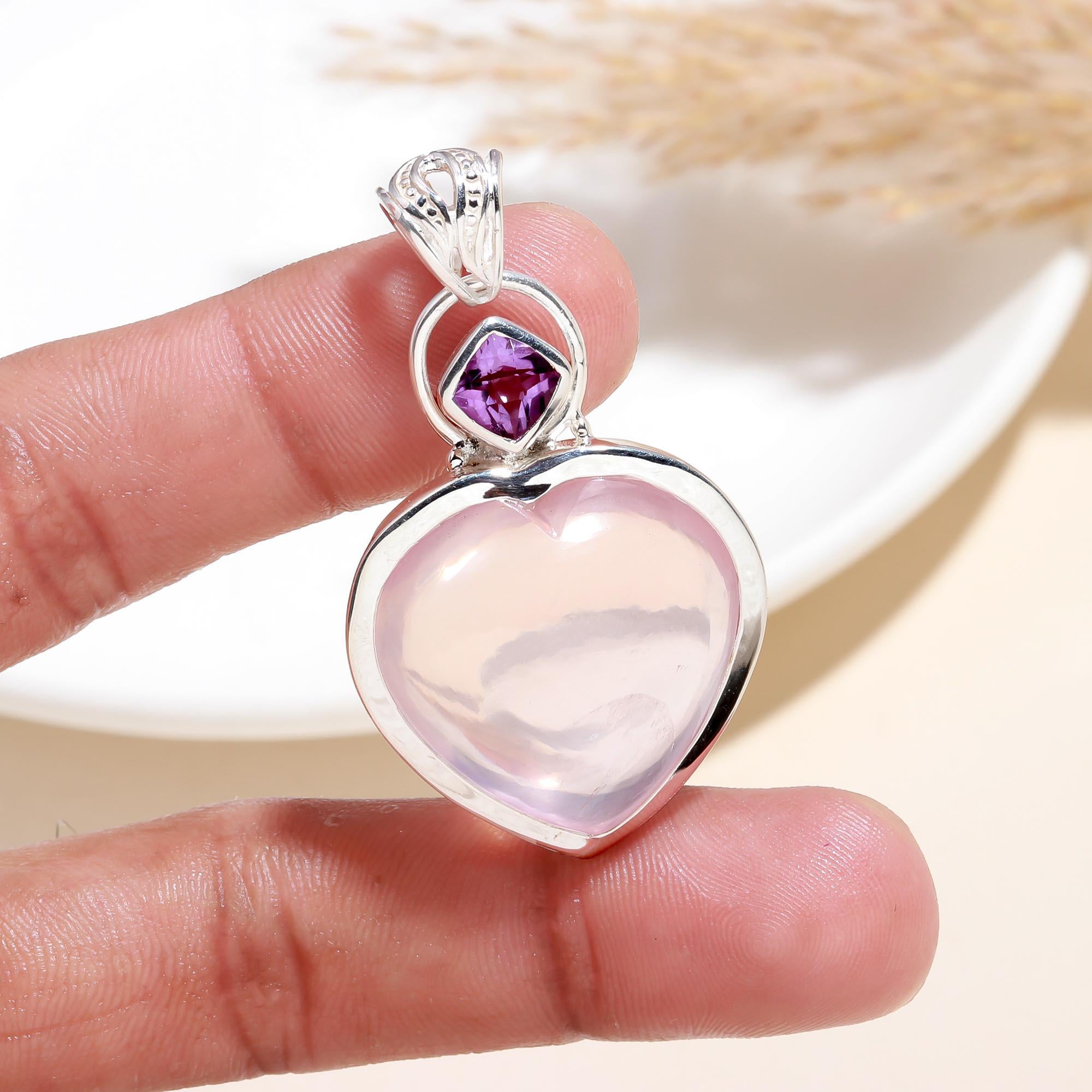 The Sweet Harmony: Rose Quartz Heart & Amethyst Pendant