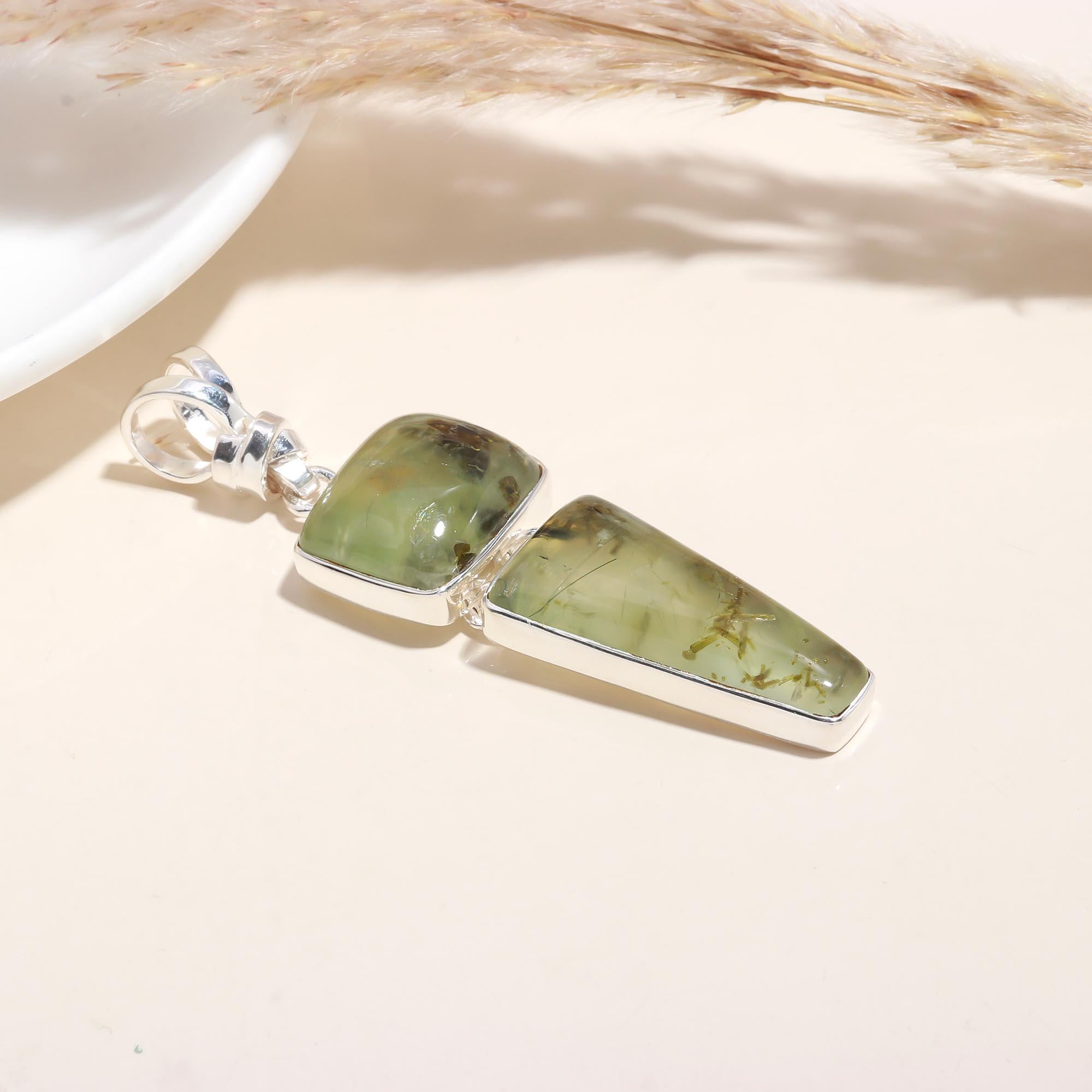 The Prehnite Epidote Drop: Geometric Double Stone Pendant