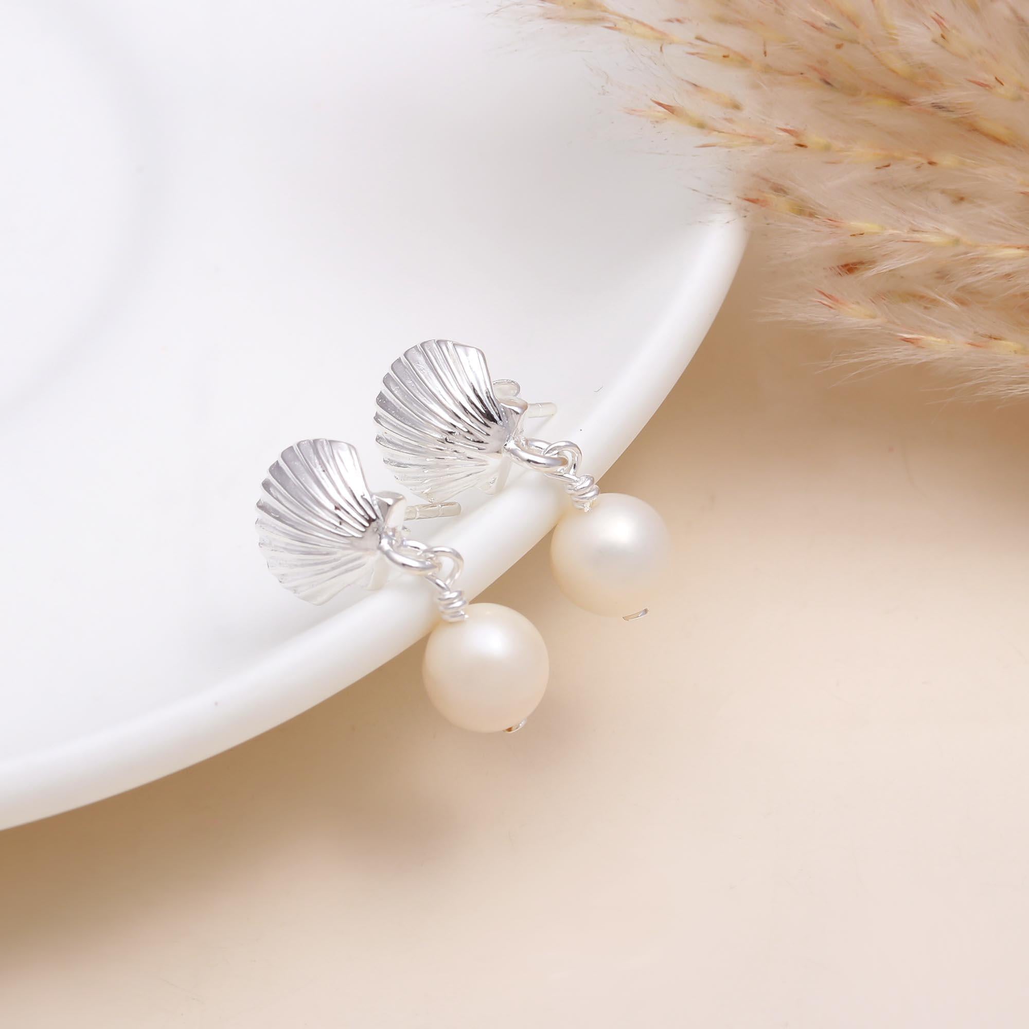 The Coastal Charm: Silver Shell & Pearl Drop Earrings