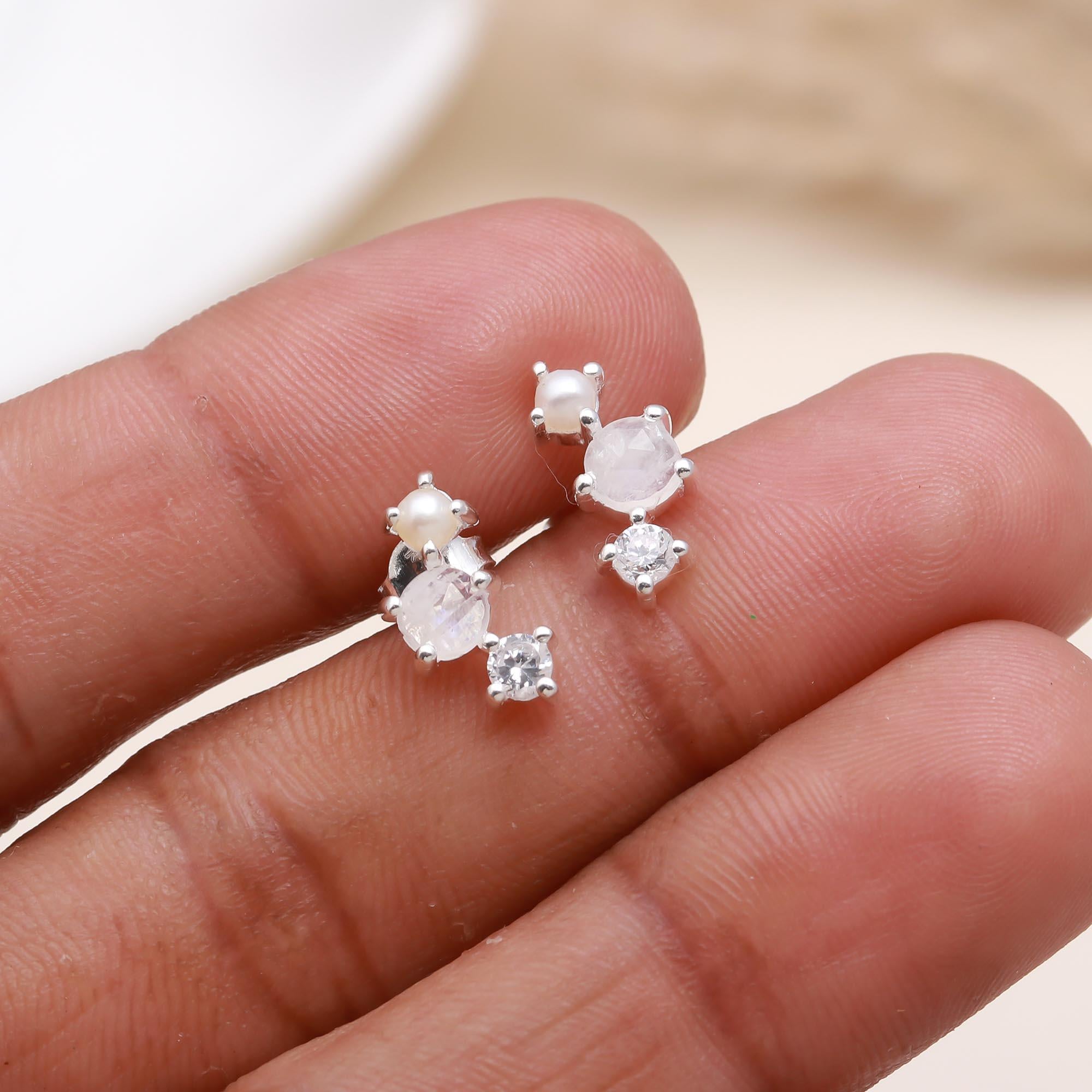 925 Sterling Silver Moonstone, Pearl & CZ Cluster Earrings
