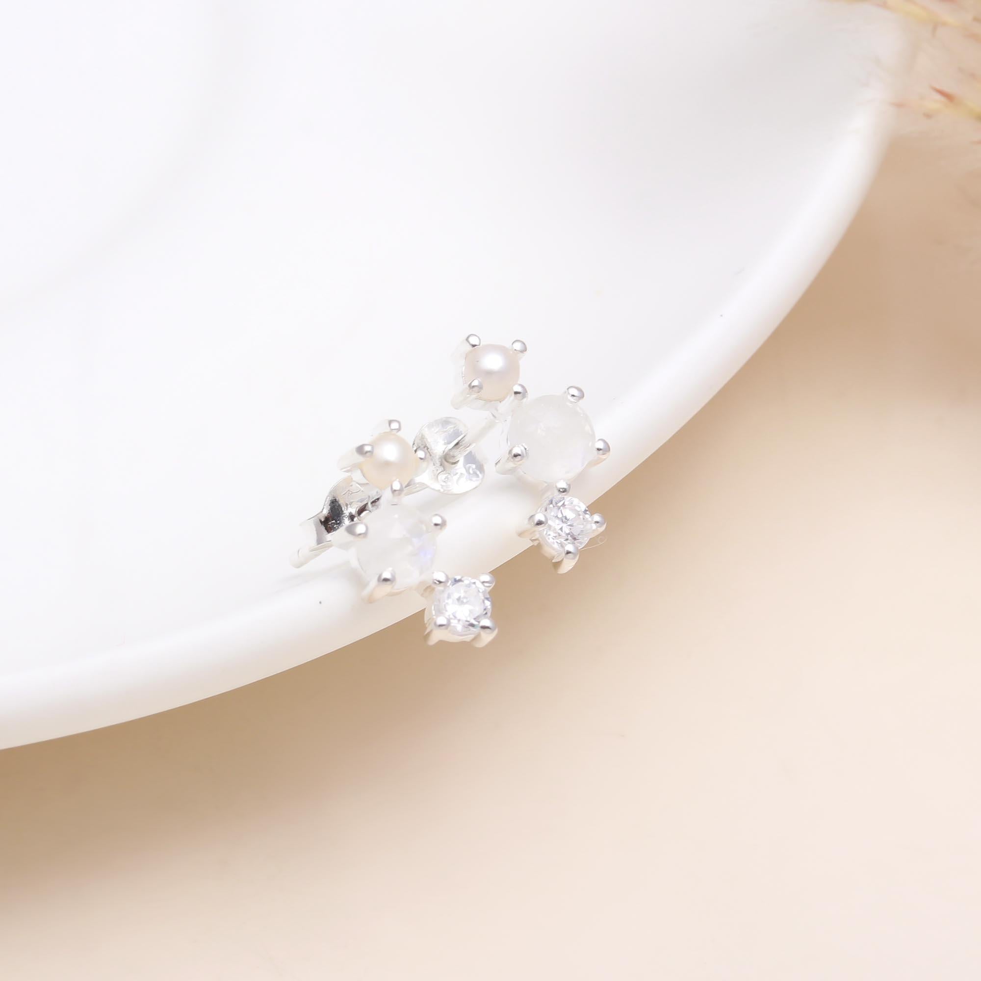 925 Sterling Silver Moonstone, Pearl & CZ Cluster Earrings