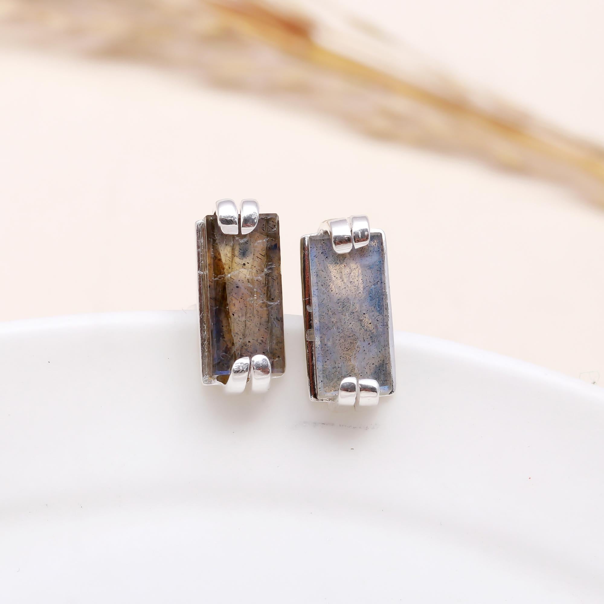 The Aurora Bar: Sterling Silver & Natural Labradorite Stud Earrings