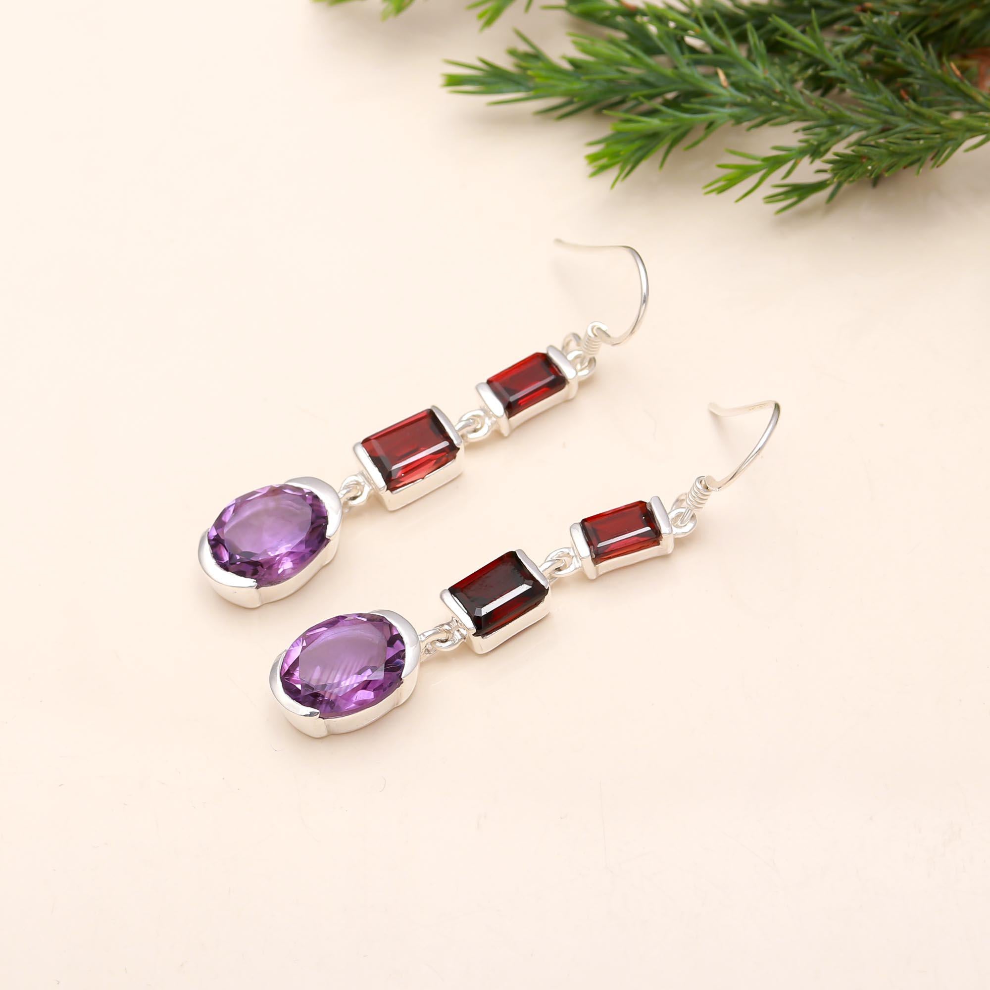 925 Silver Garnet and Amethyst Dangle Earrings