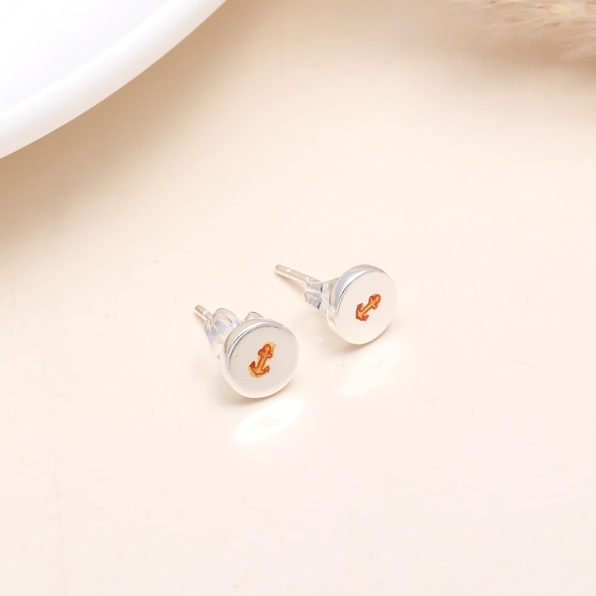 925 Sterling Silver Anchor Enamel Round Stud Earrings
