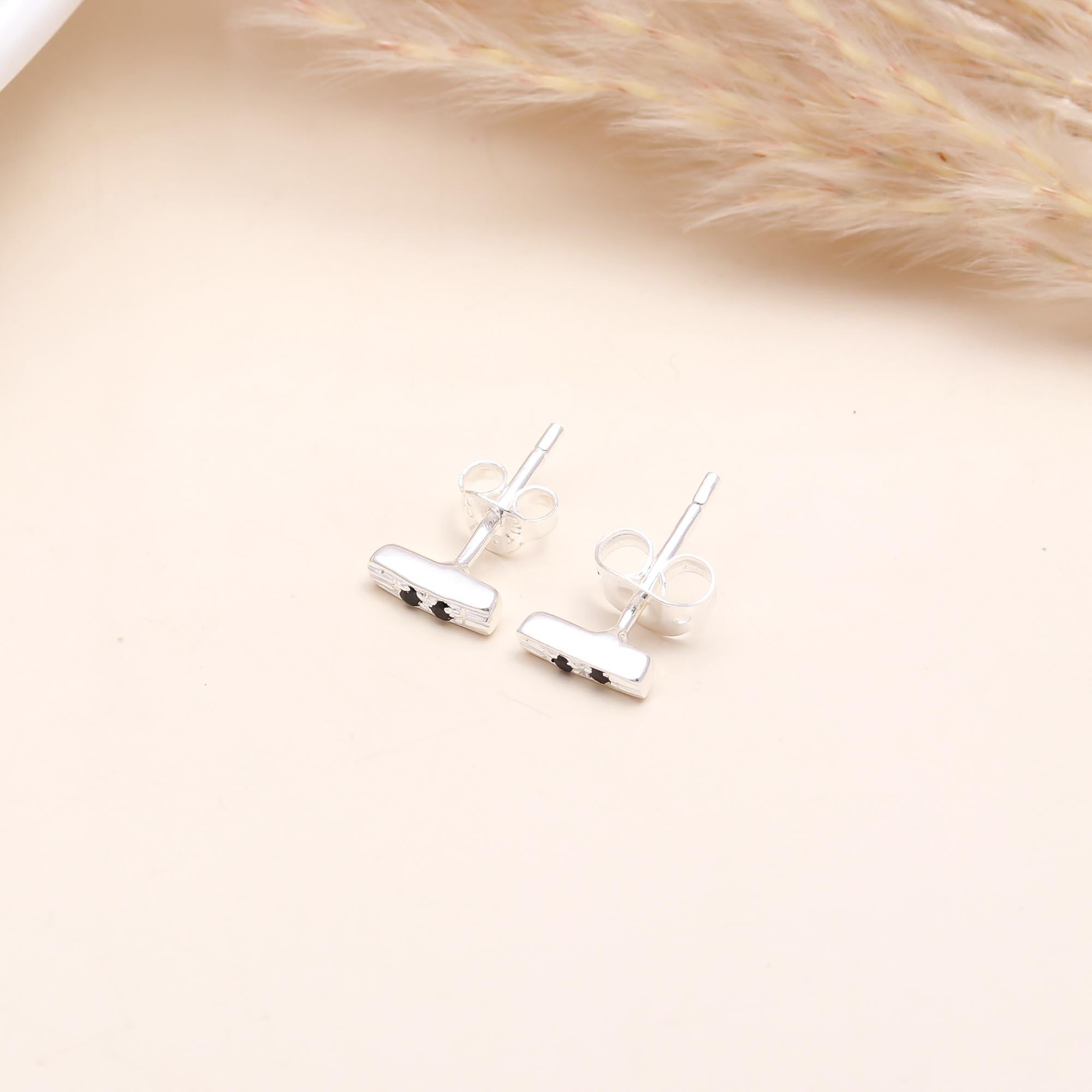 925 Sterling Silver Black Stone Bar Stud Earrings