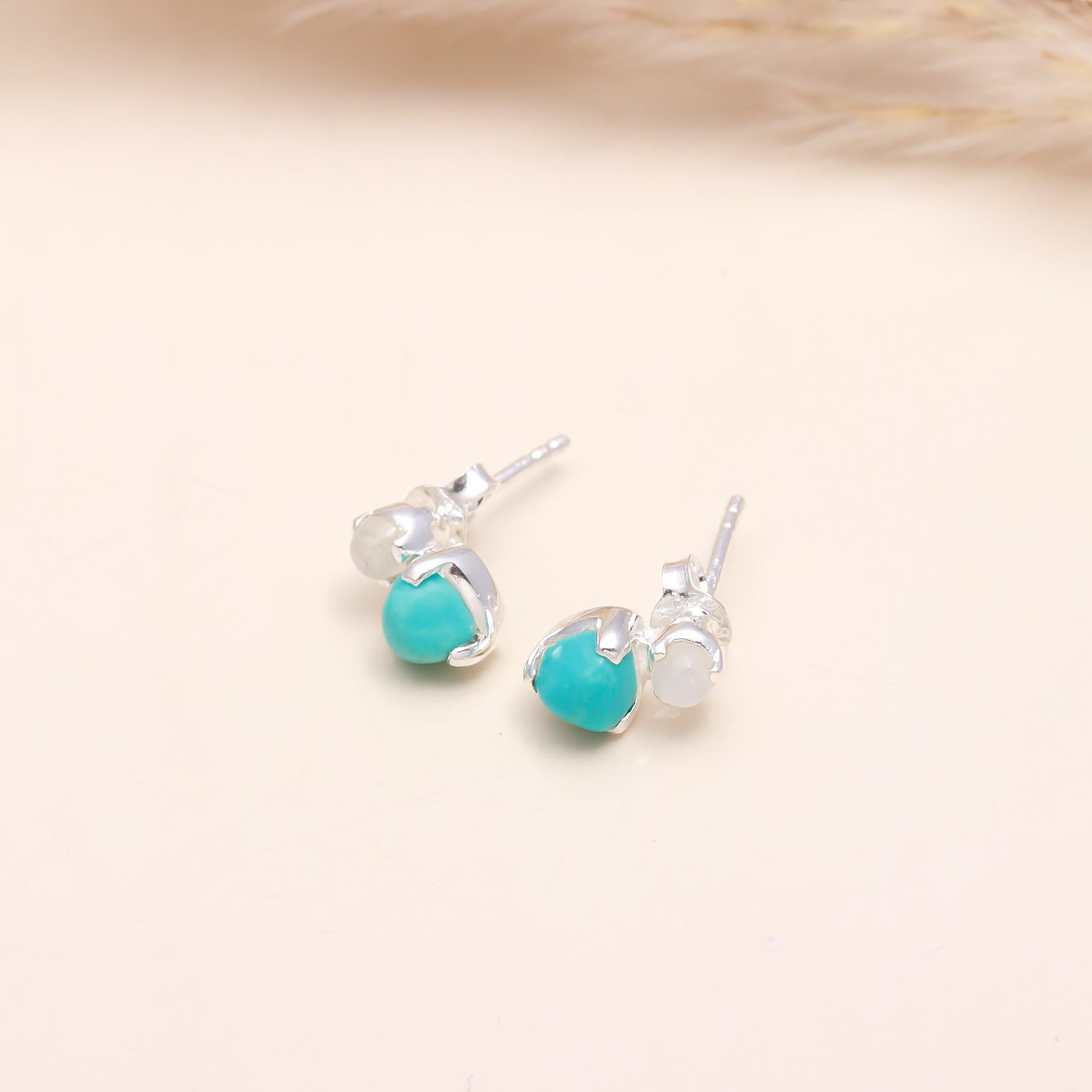 925 Sterling Silver Moonstone & Turquoise Stud Earrings