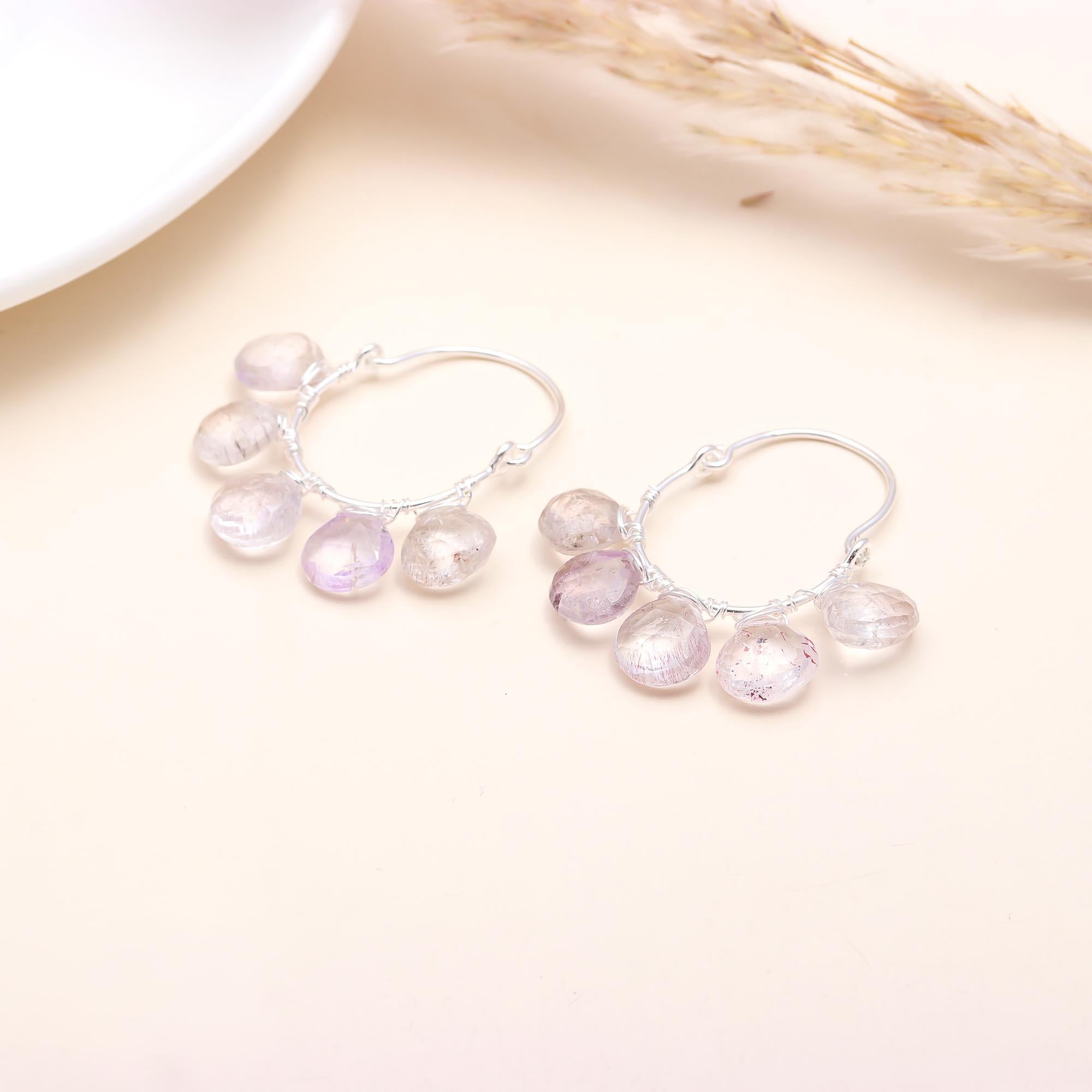 925 Sterling Silver Clear Quartz Hoop Earrings