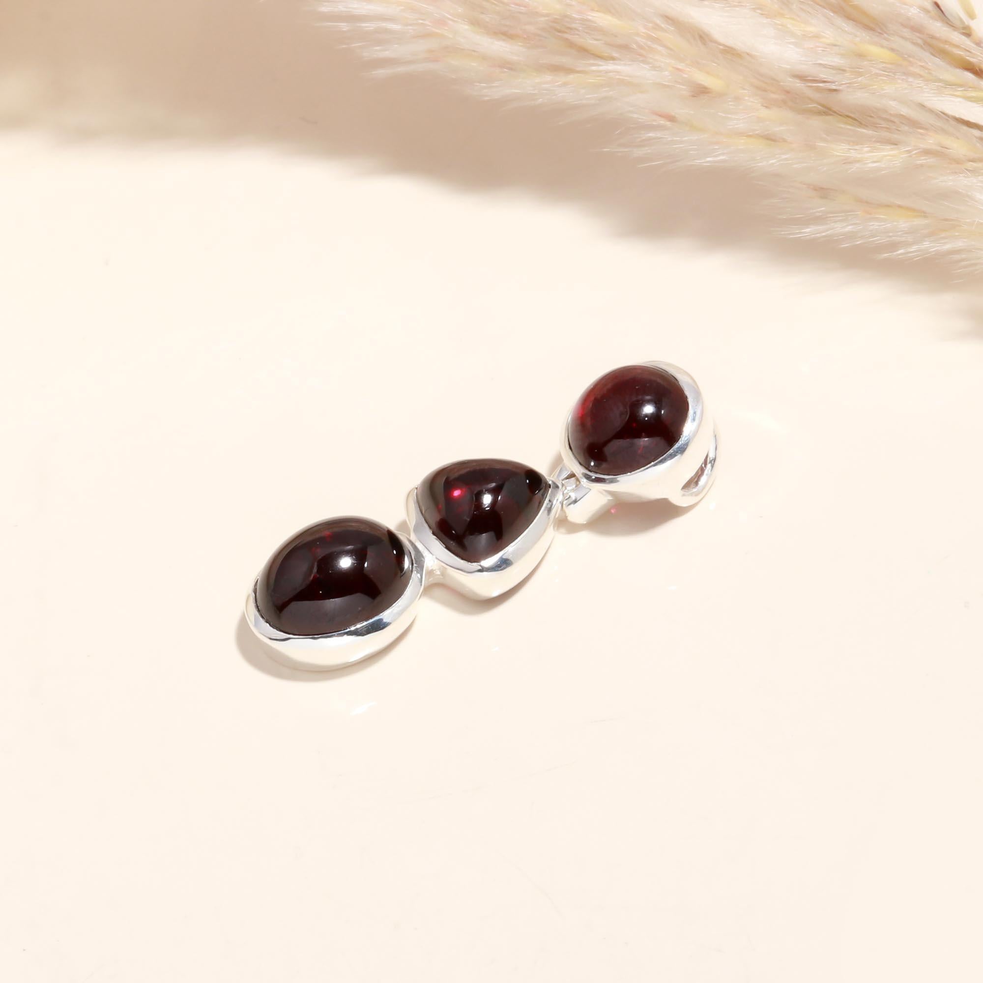 925 Sterling Silver Triple Garnet Drop Pendant