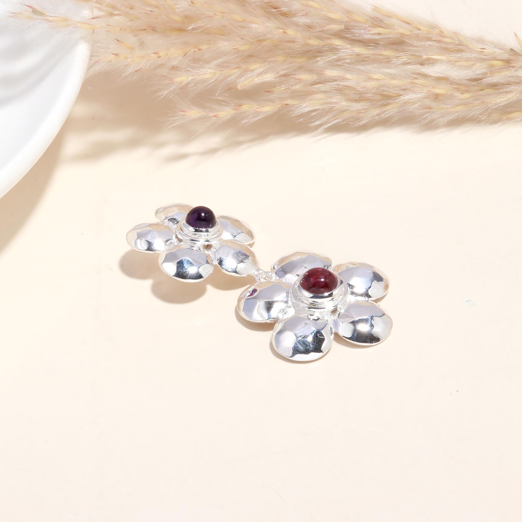 925 Sterling Silver Garnet Cabochons Twin Floral Pendant