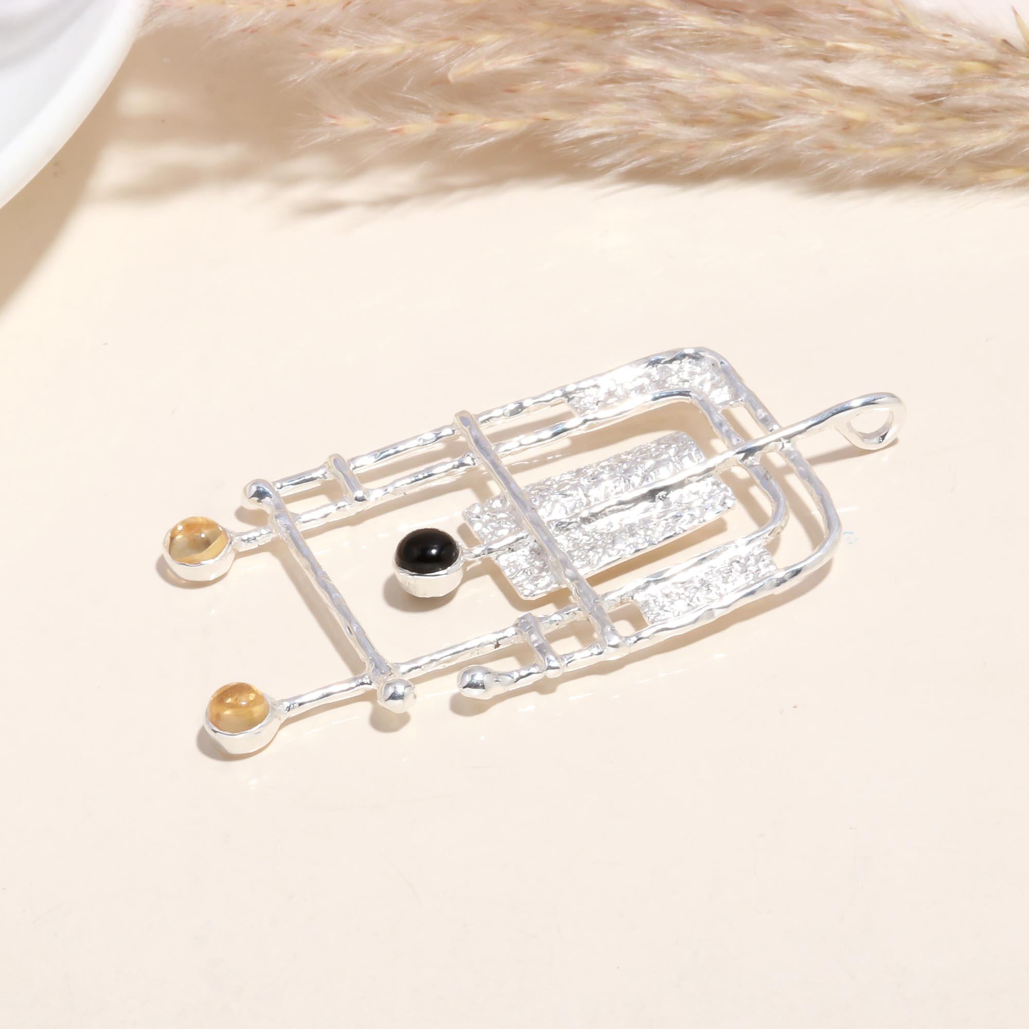925 Sterling Silver Onyx & Citrine Abstract Geometric Pendant