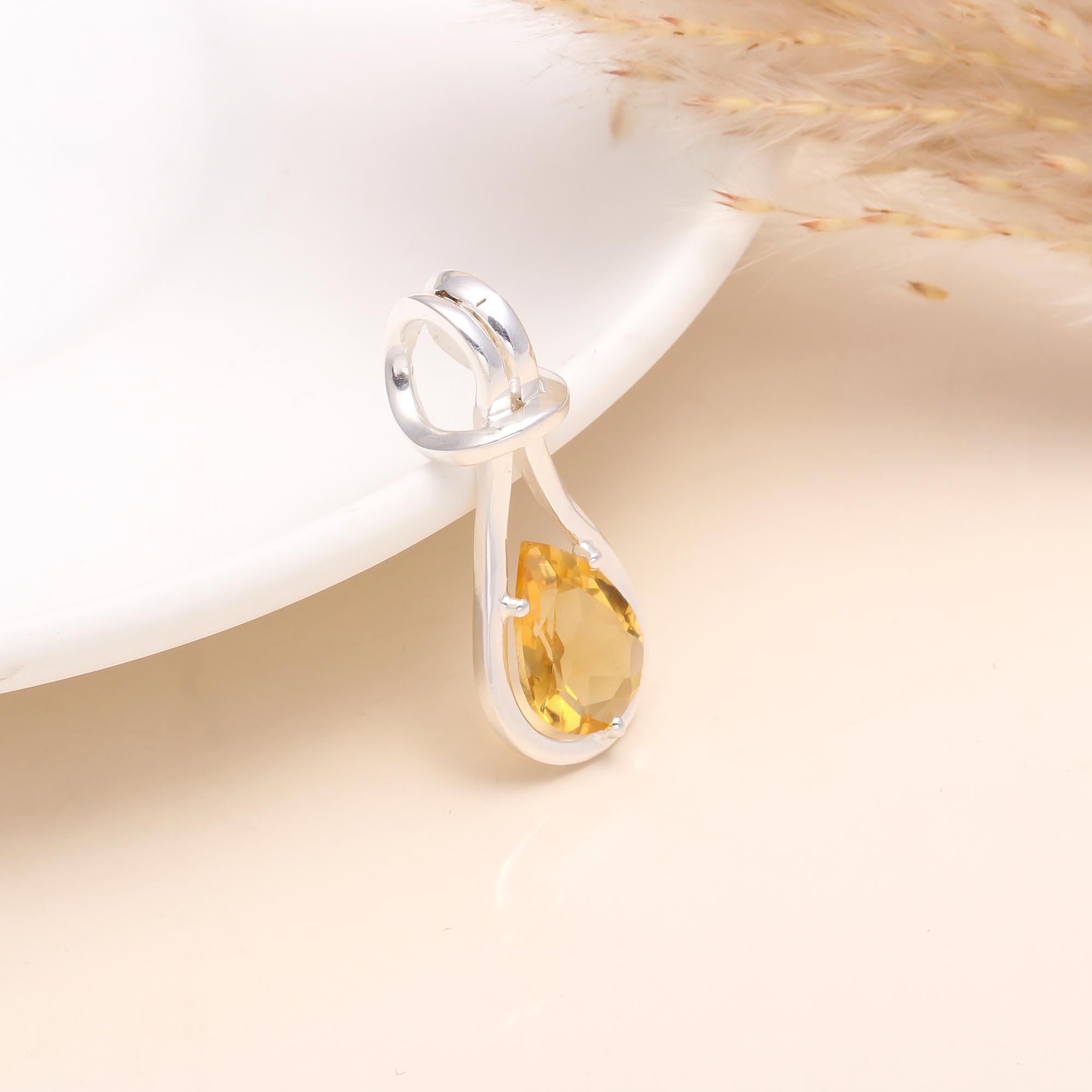 925 Sterling Silver Modern Teardrop Citrine Pendant