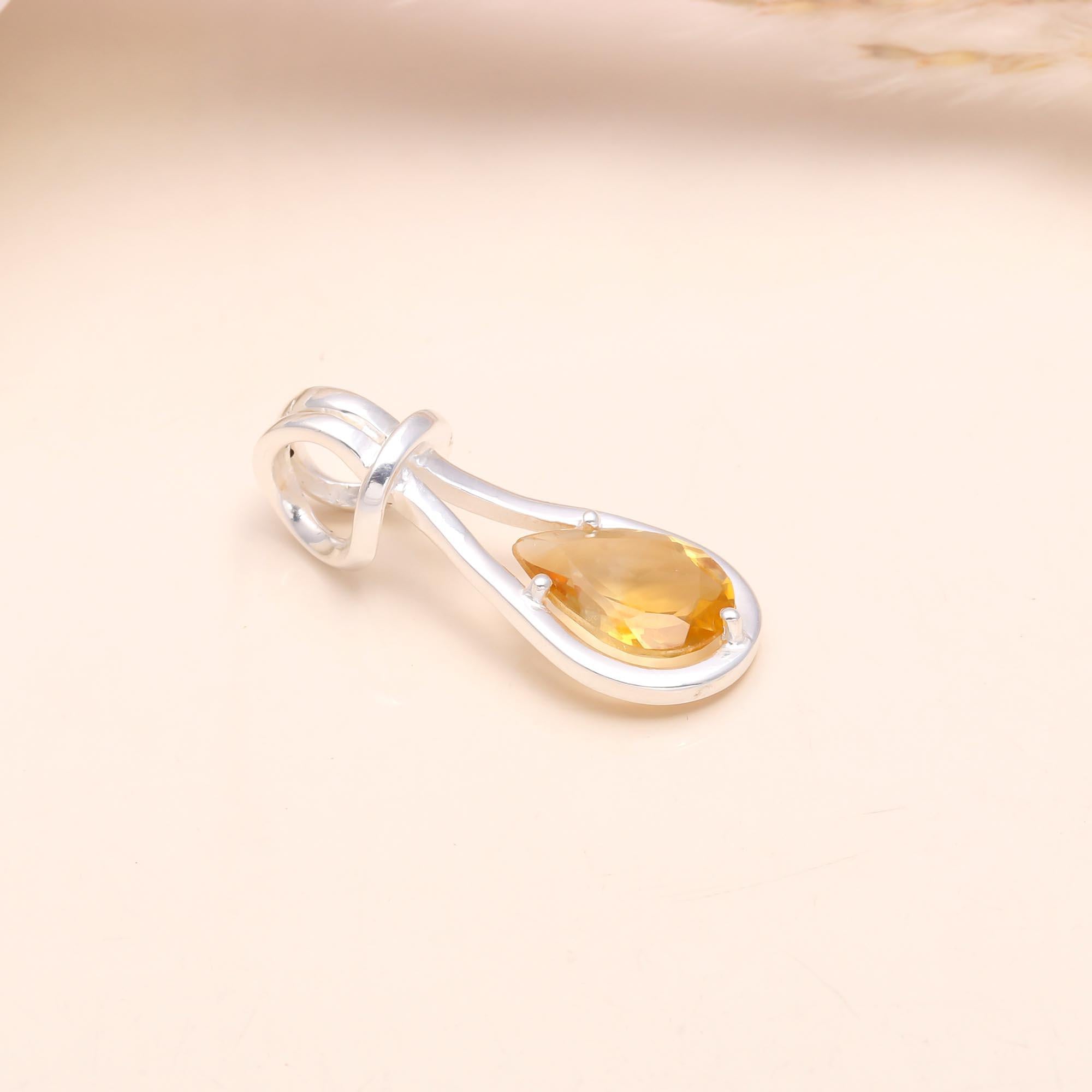 925 Sterling Silver Modern Teardrop Citrine Pendant
