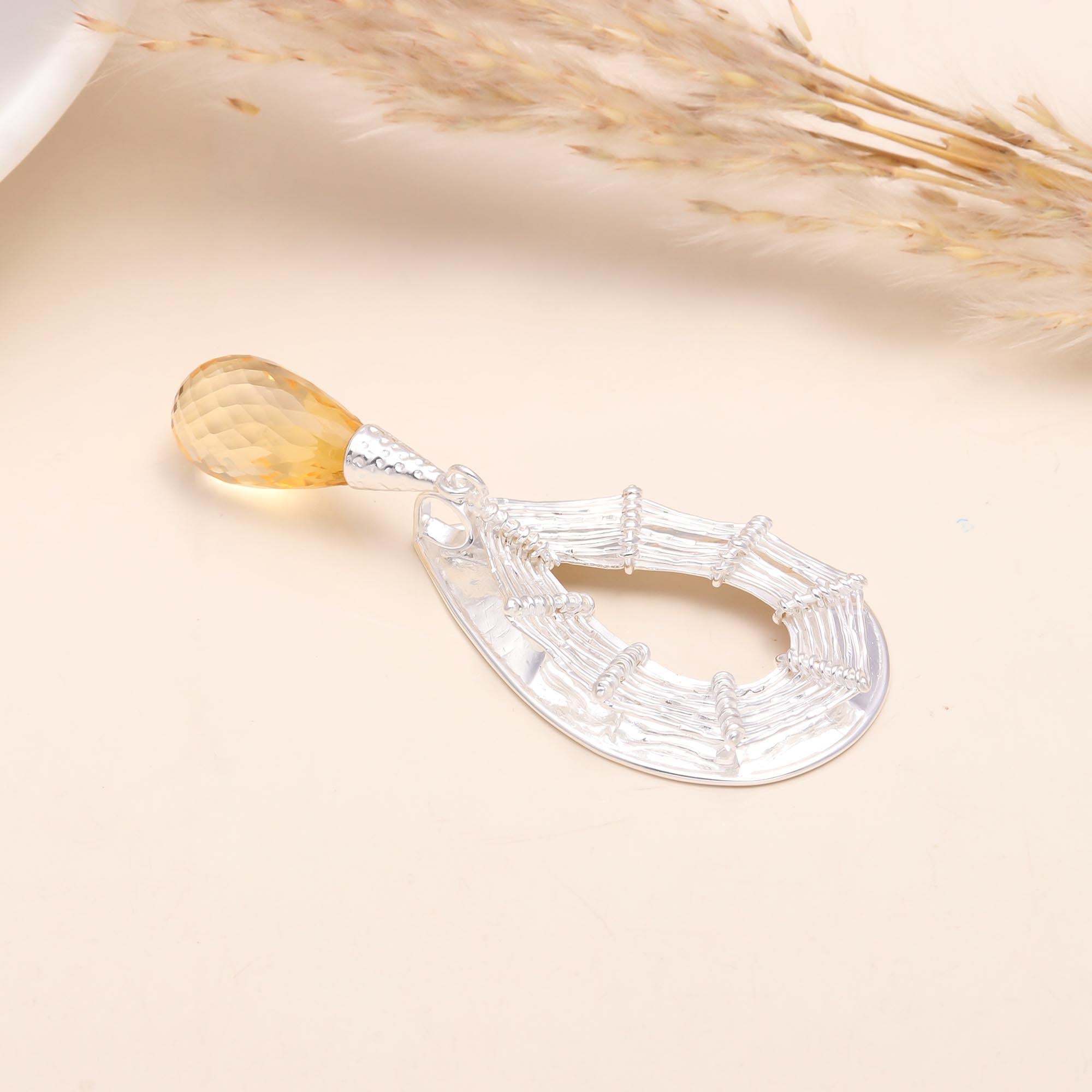 925 Sterling Silver Unique Teardrop Citrine Pendant