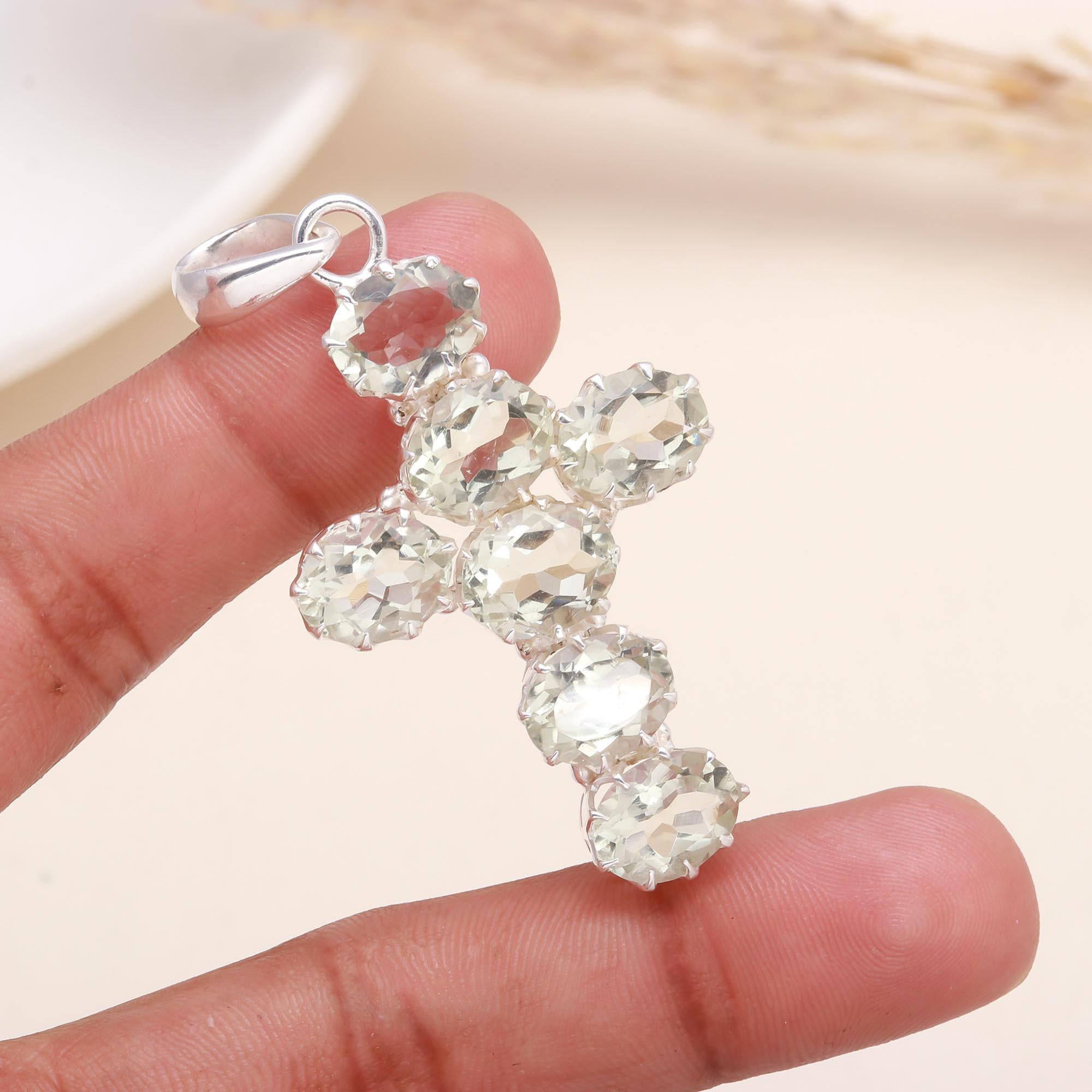 925 Sterling Silver Green Amethyst Cross Pendant