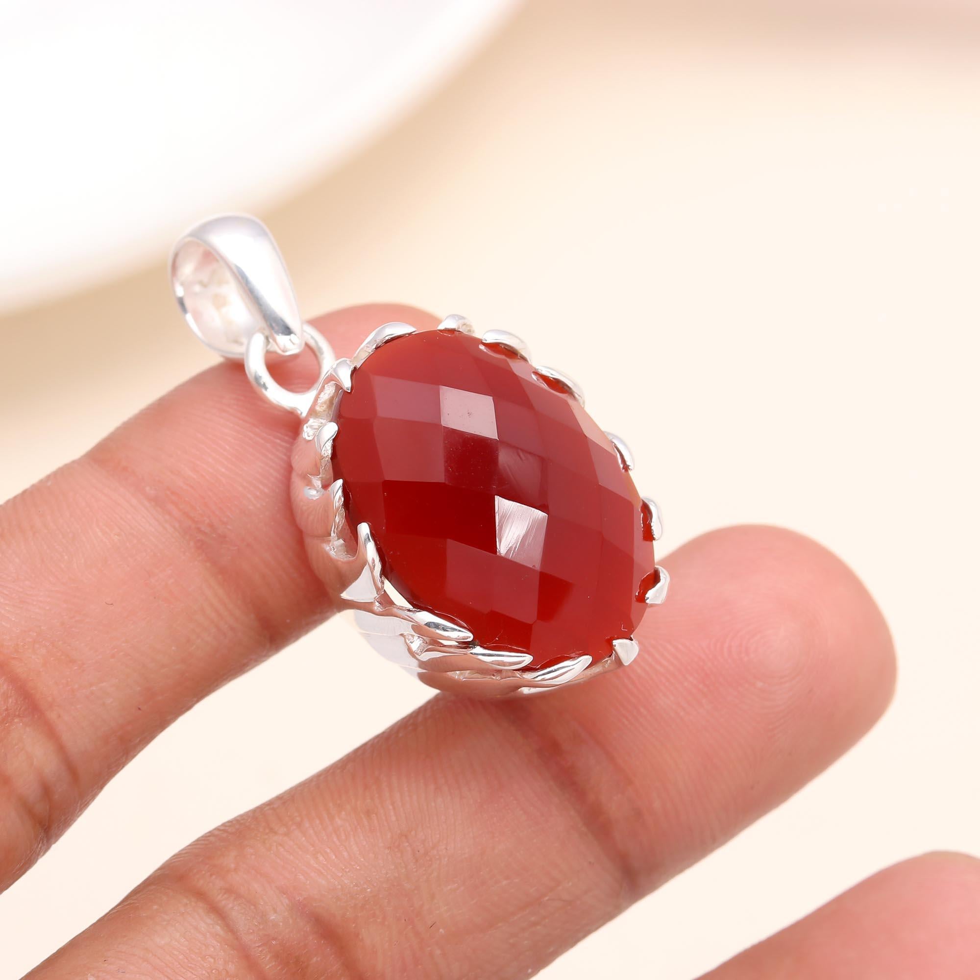 925 Sterling Silver Faceted Carnelian Bold Pendant