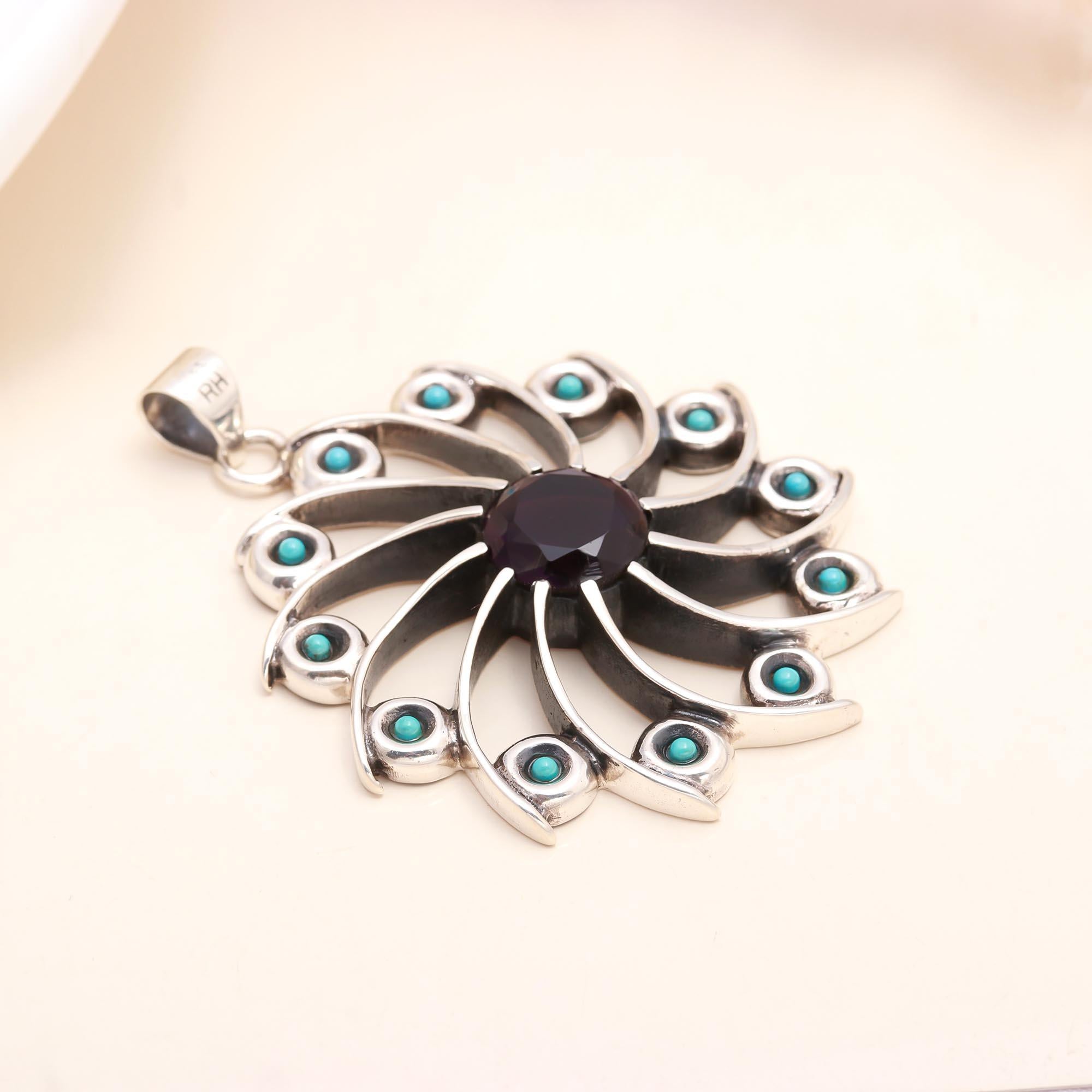 925 Sterling Silver Vintage Garnet & Turquoise Boho Statement Pendant