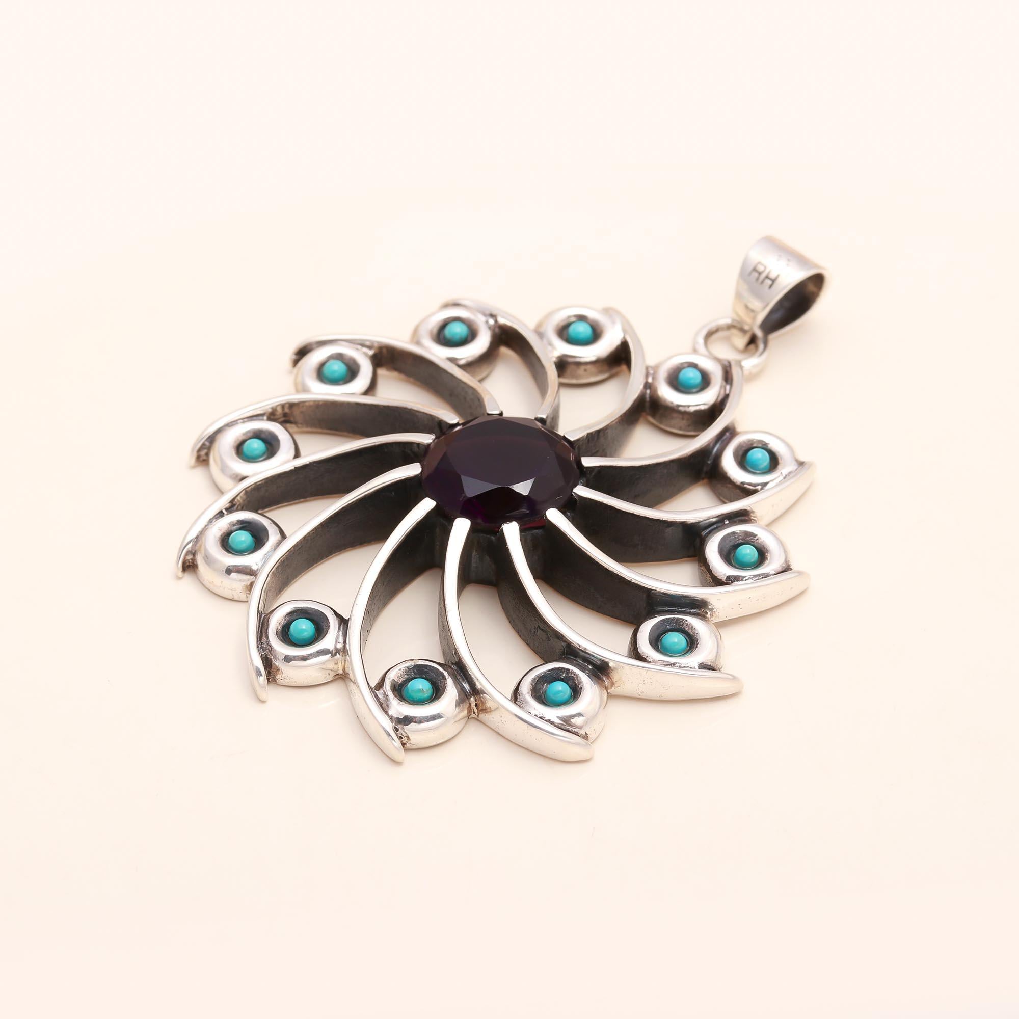 925 Sterling Silver Vintage Garnet & Turquoise Boho Statement Pendant