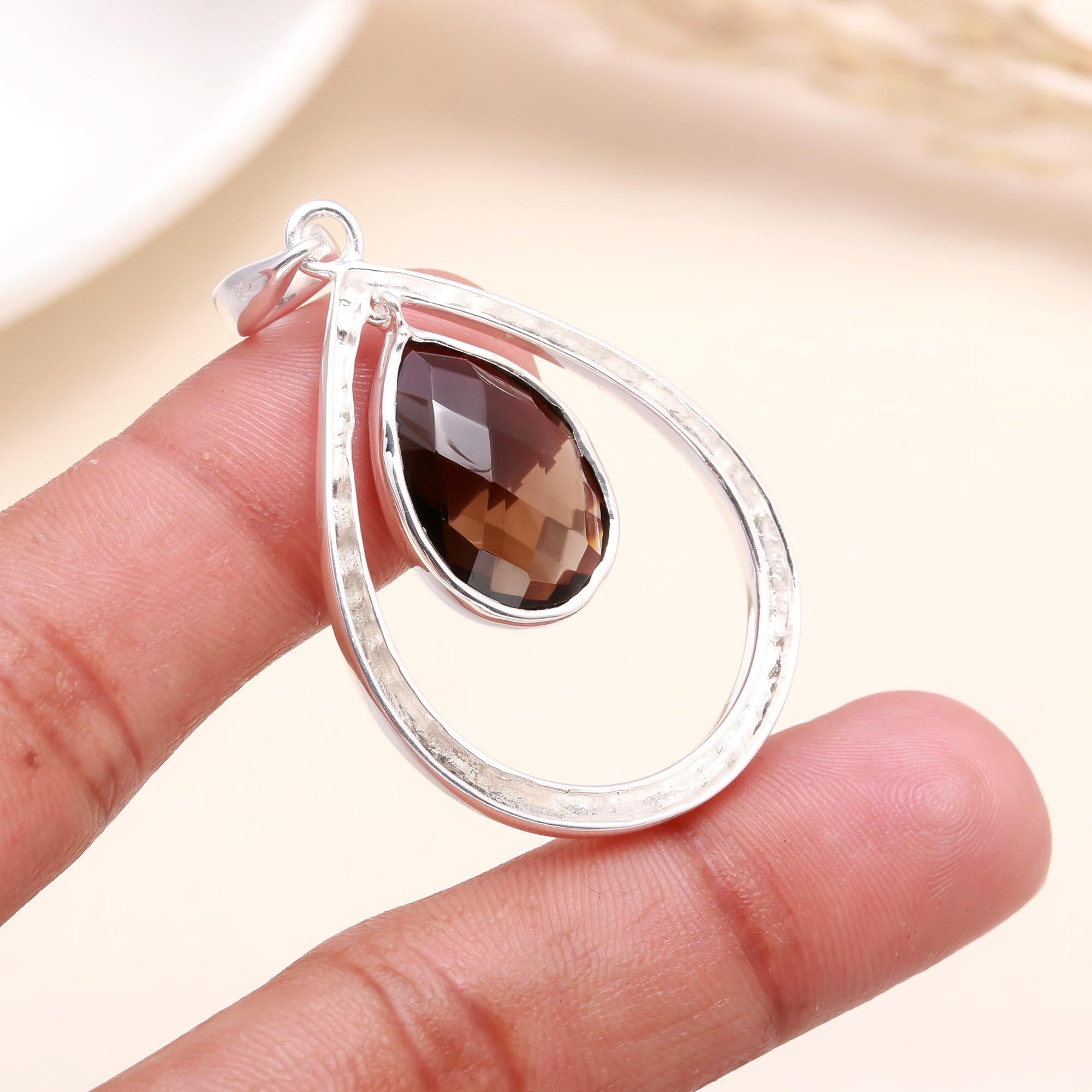 925 Sterling Silver Smoky Quartz Teardrop Hammered Frame Pendant