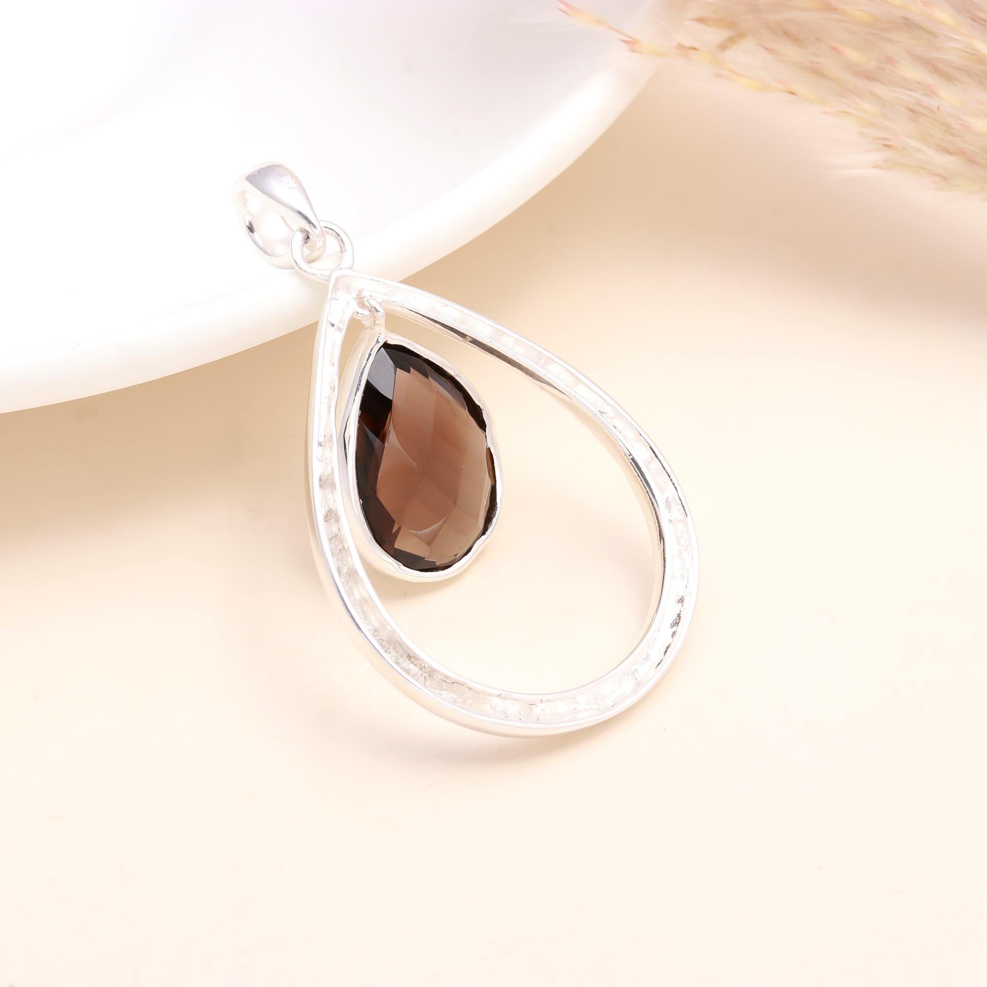 925 Sterling Silver Smoky Quartz Teardrop Hammered Frame Pendant