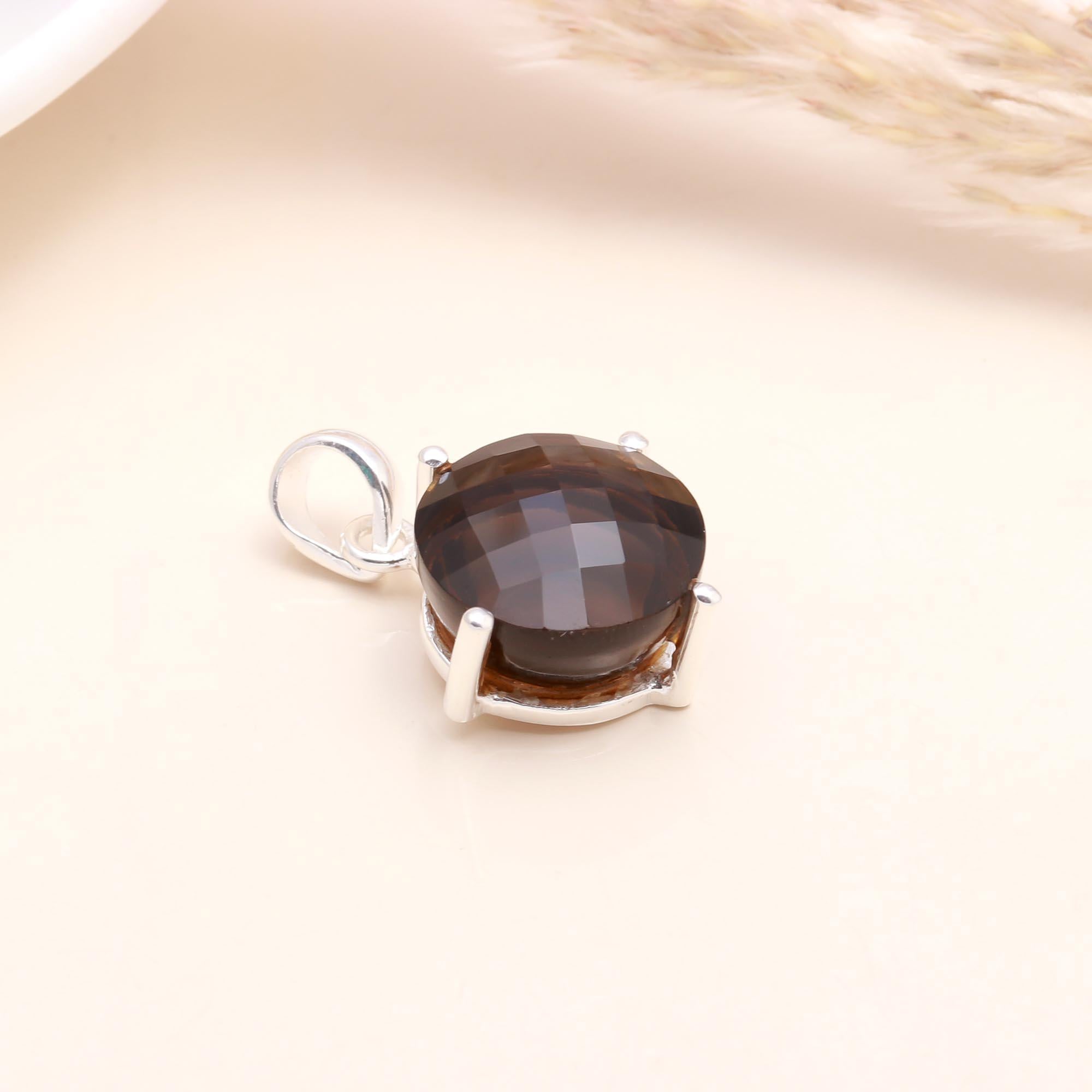 925 Sterling Silver Smoky Quartz Round Pendant