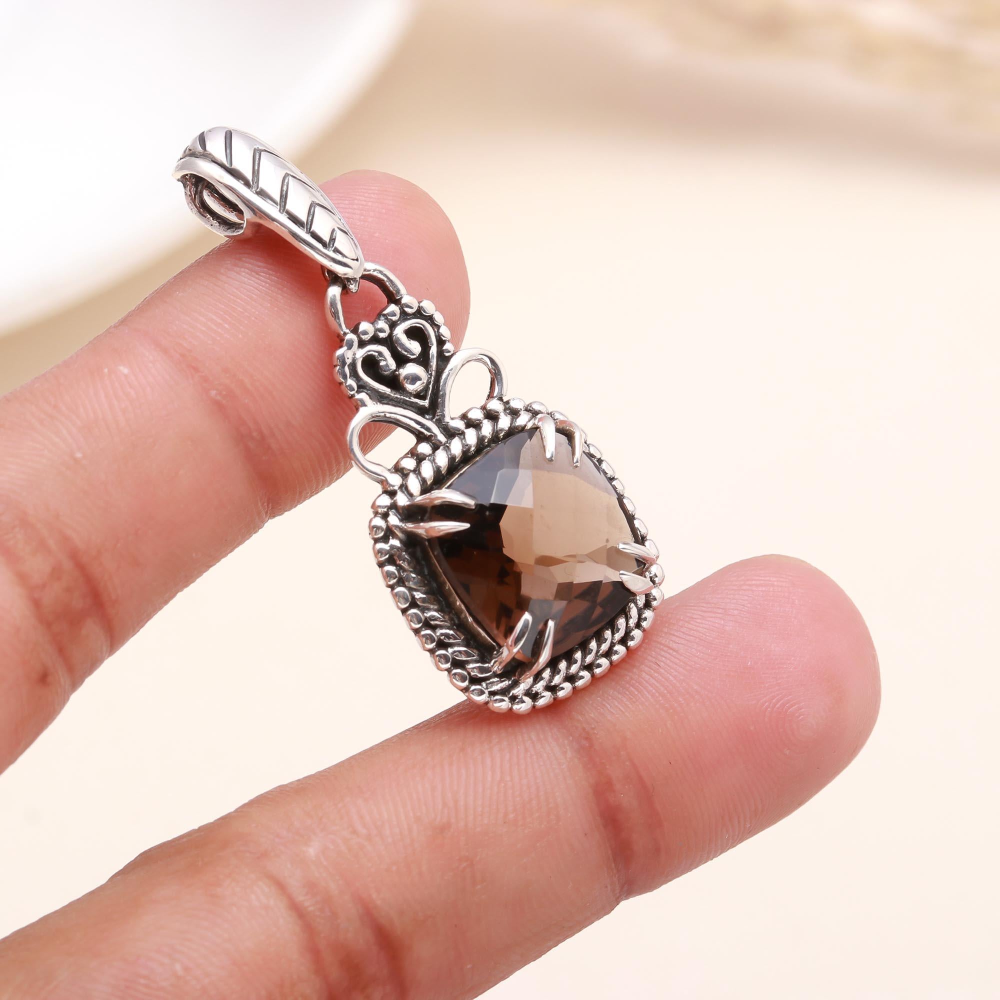 925 Sterling Silver Vintage Smoky Quartz Boho Pendant