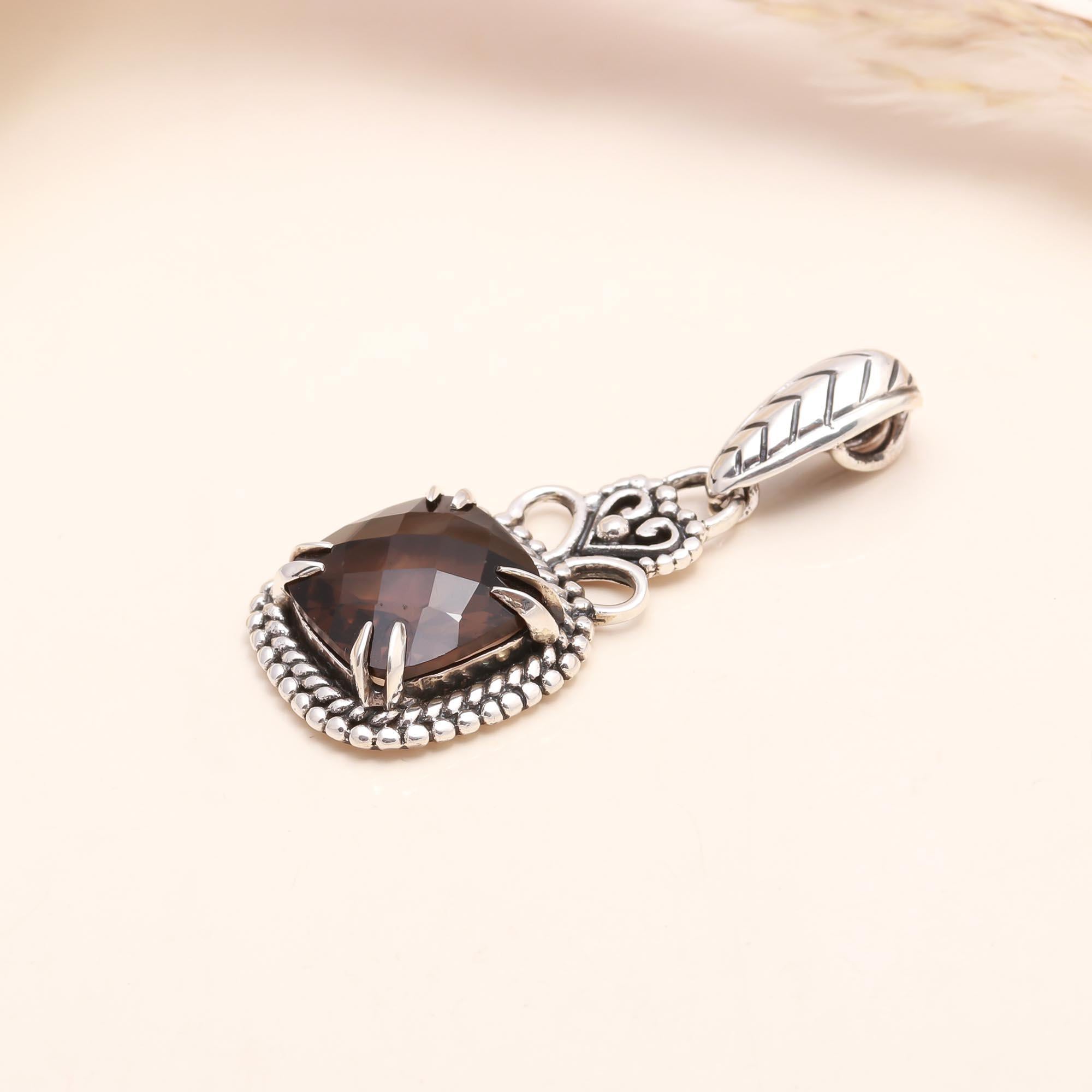 925 Sterling Silver Vintage Smoky Quartz Boho Pendant