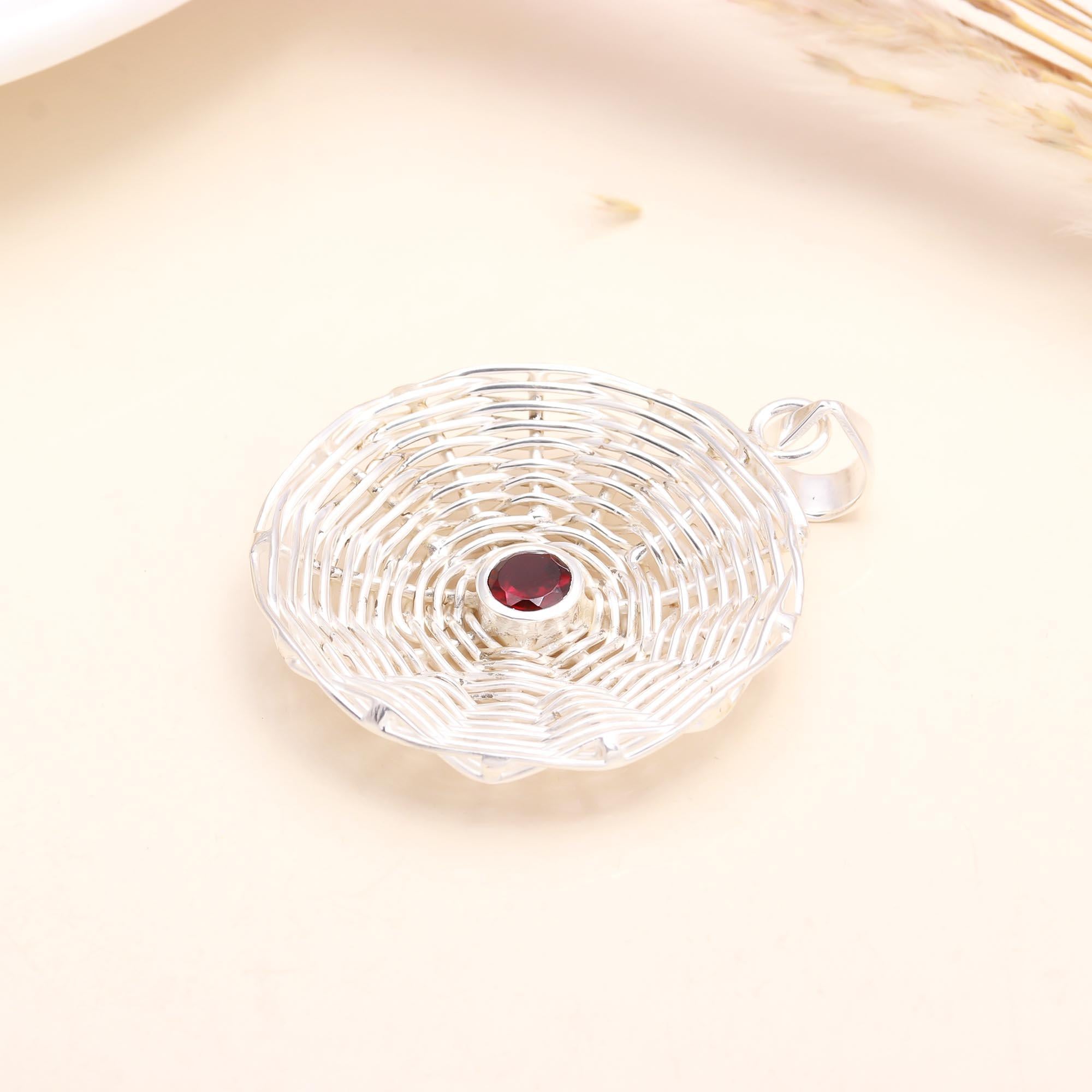 925 Sterling Silver Handwoven Garnet Pendant