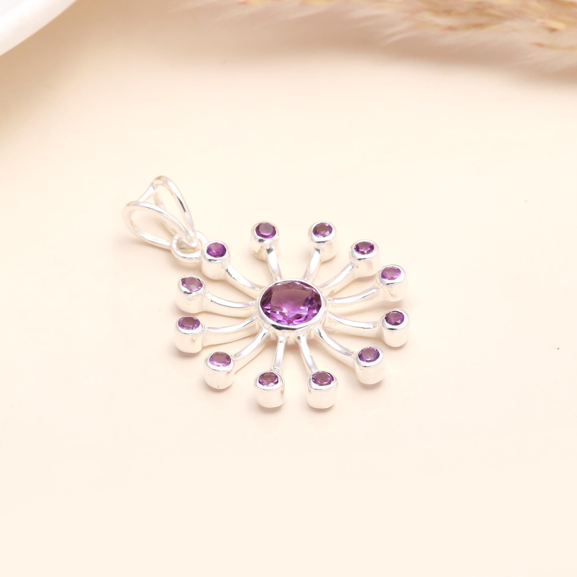 925 Sterling Silver Amethyst Starburst Pendant