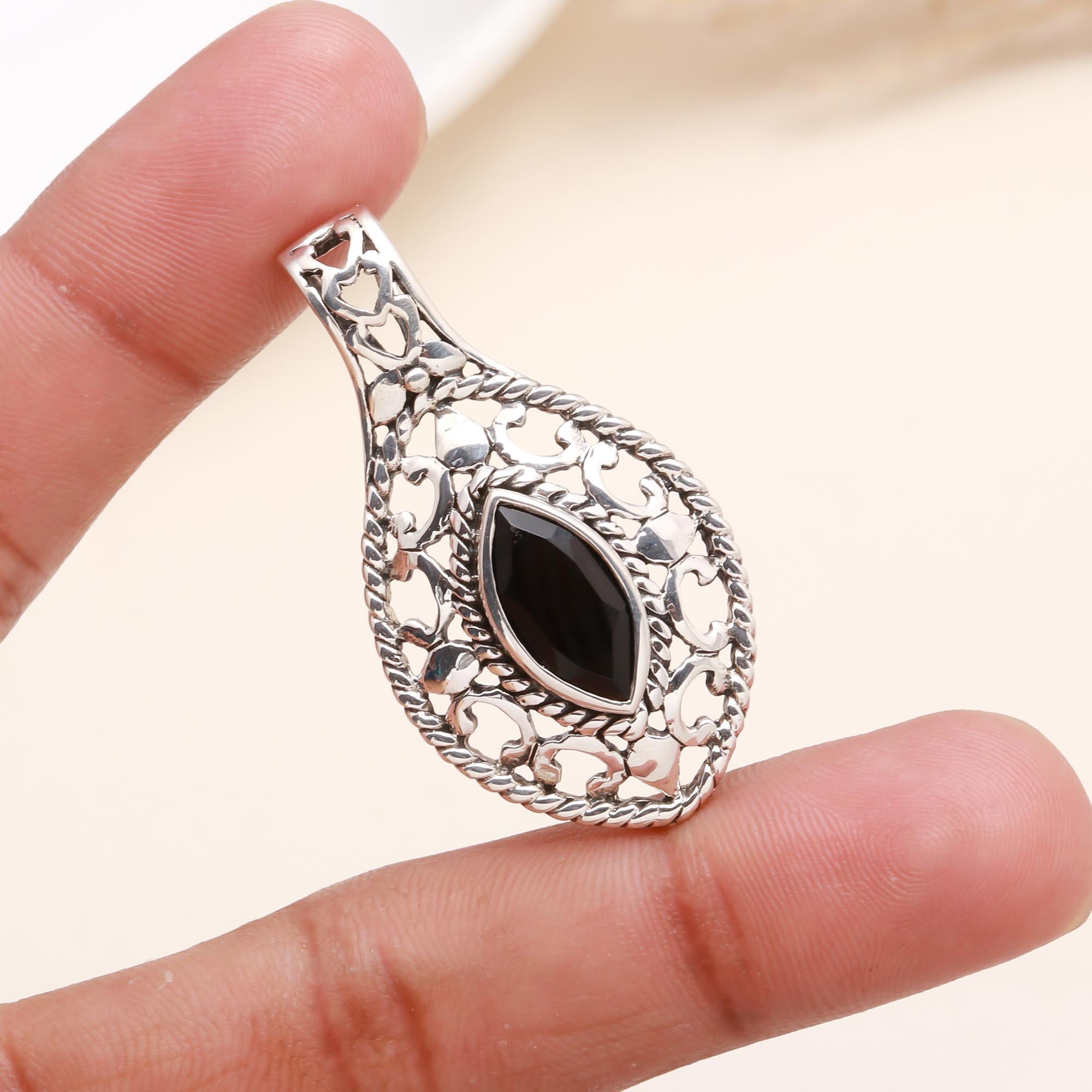 925 Sterling Silver Marquise Black Onyx Filigree Teardrop Pendant