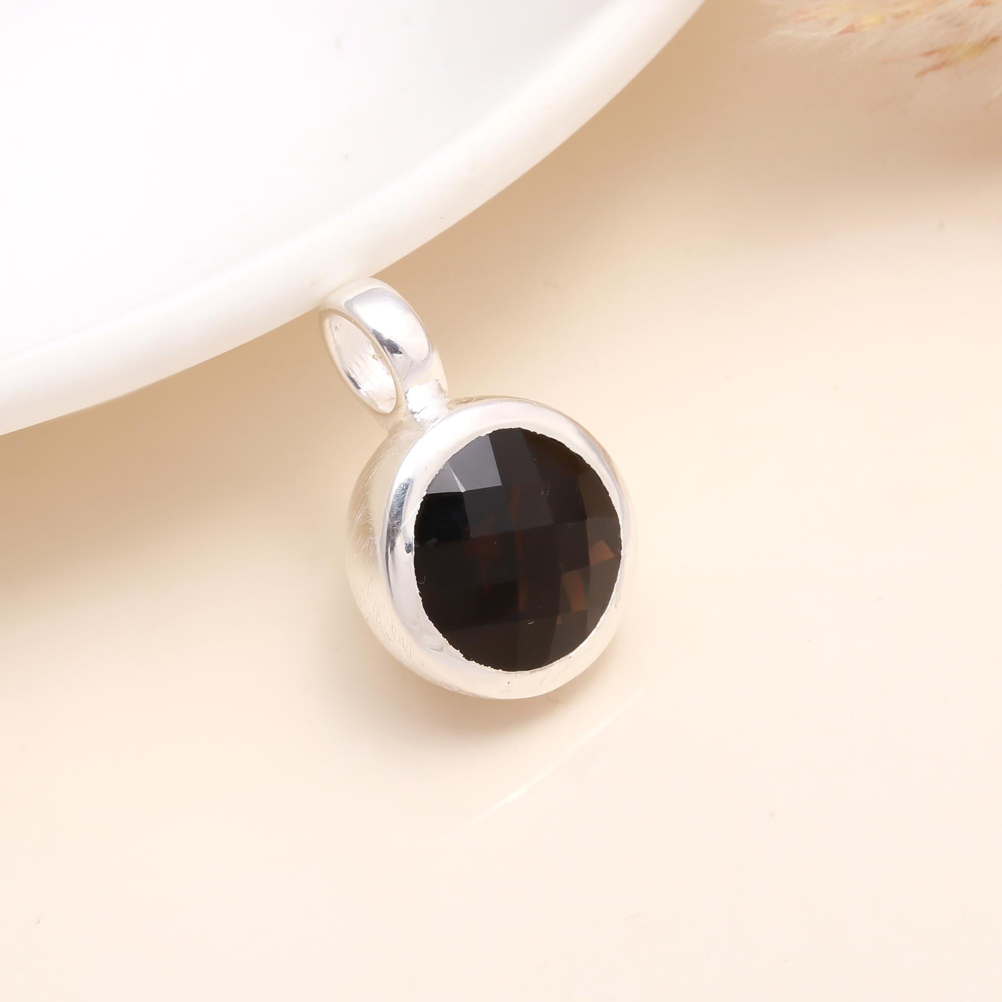 925 Sterling Silver Faceted Smoky Quartz Round Pendant