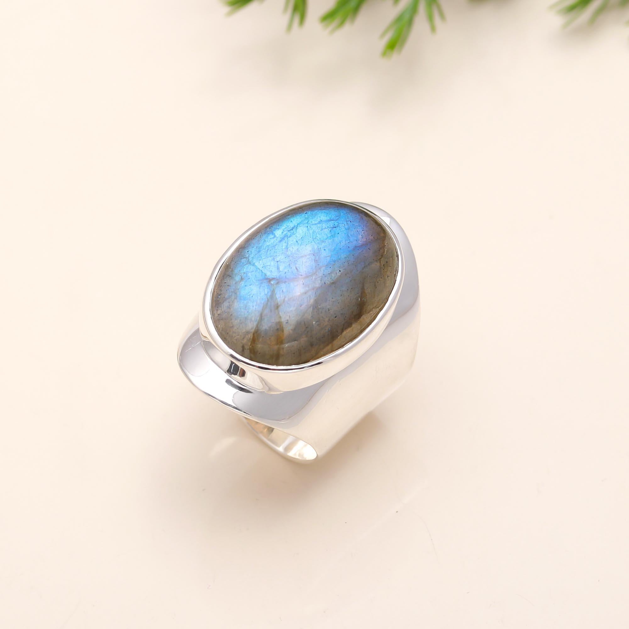 The Mystic Oval: Labradorite Cabochon Wide Band Ring