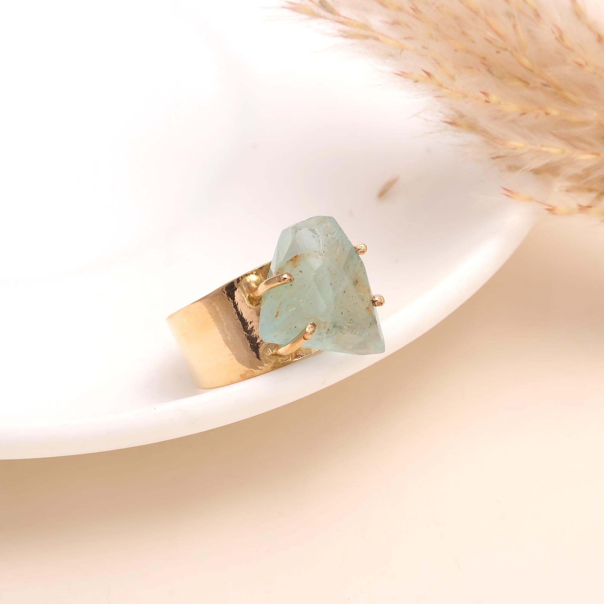 The Raw Aqua: Wide Gold Band with Rough Stone