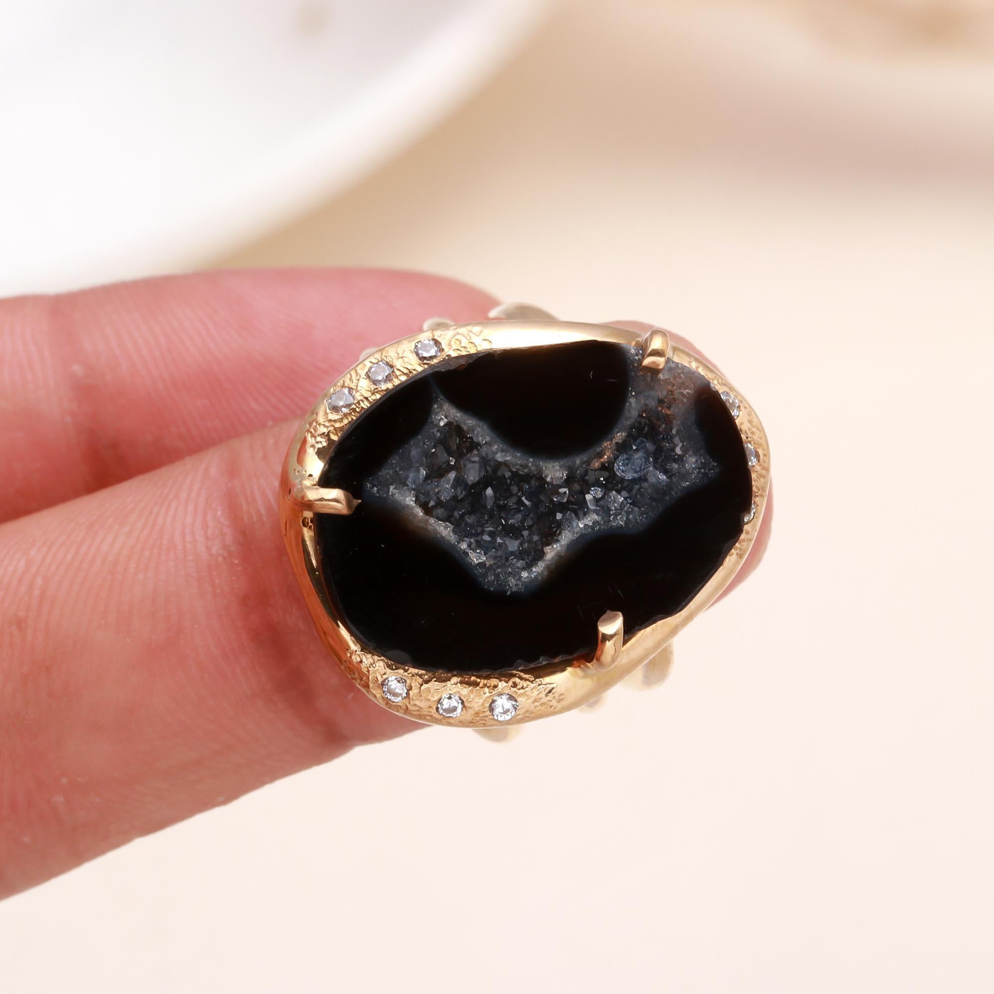 The Black Druzy Oval: Gold Edge Geode Ring