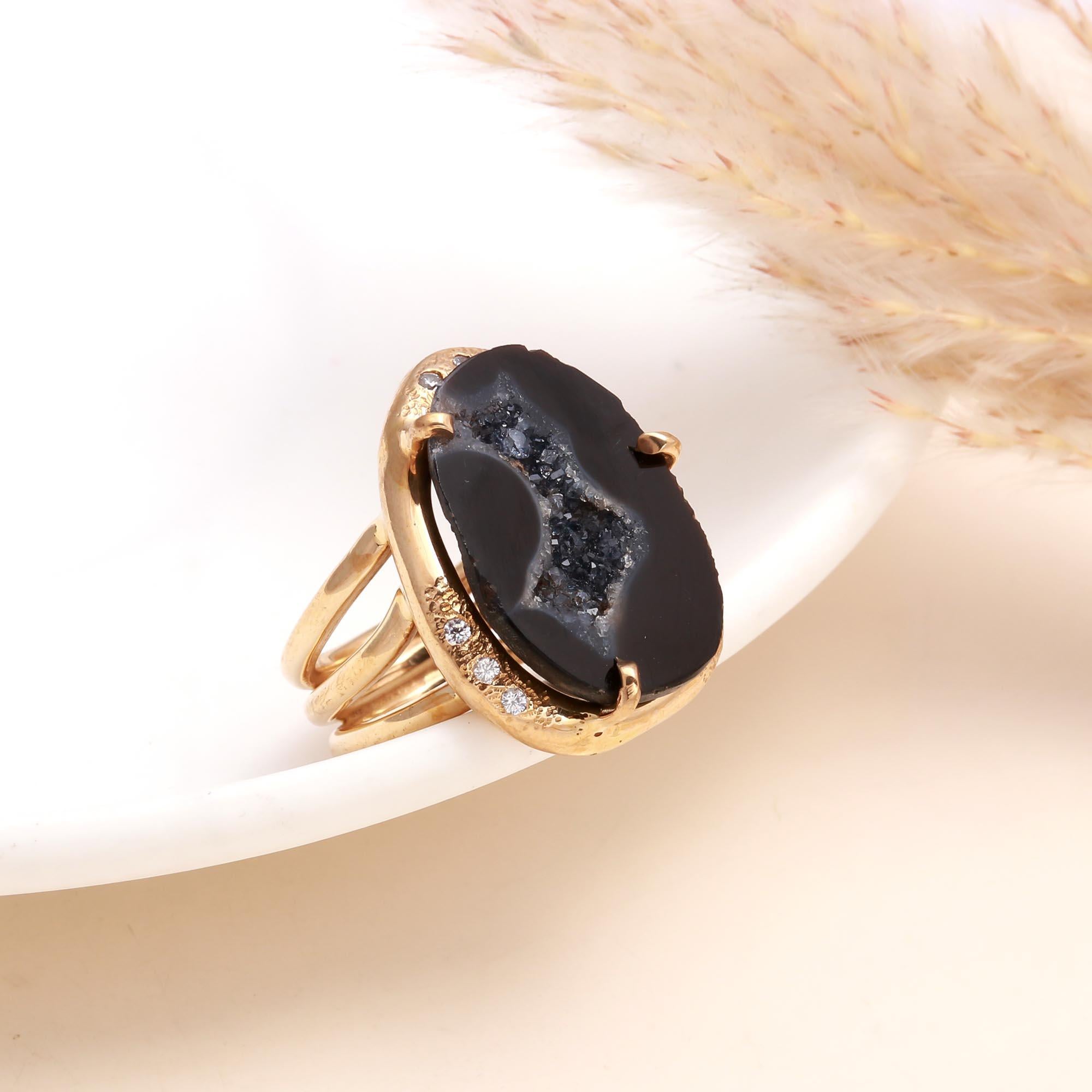 The Black Druzy Oval: Gold Edge Geode Ring
