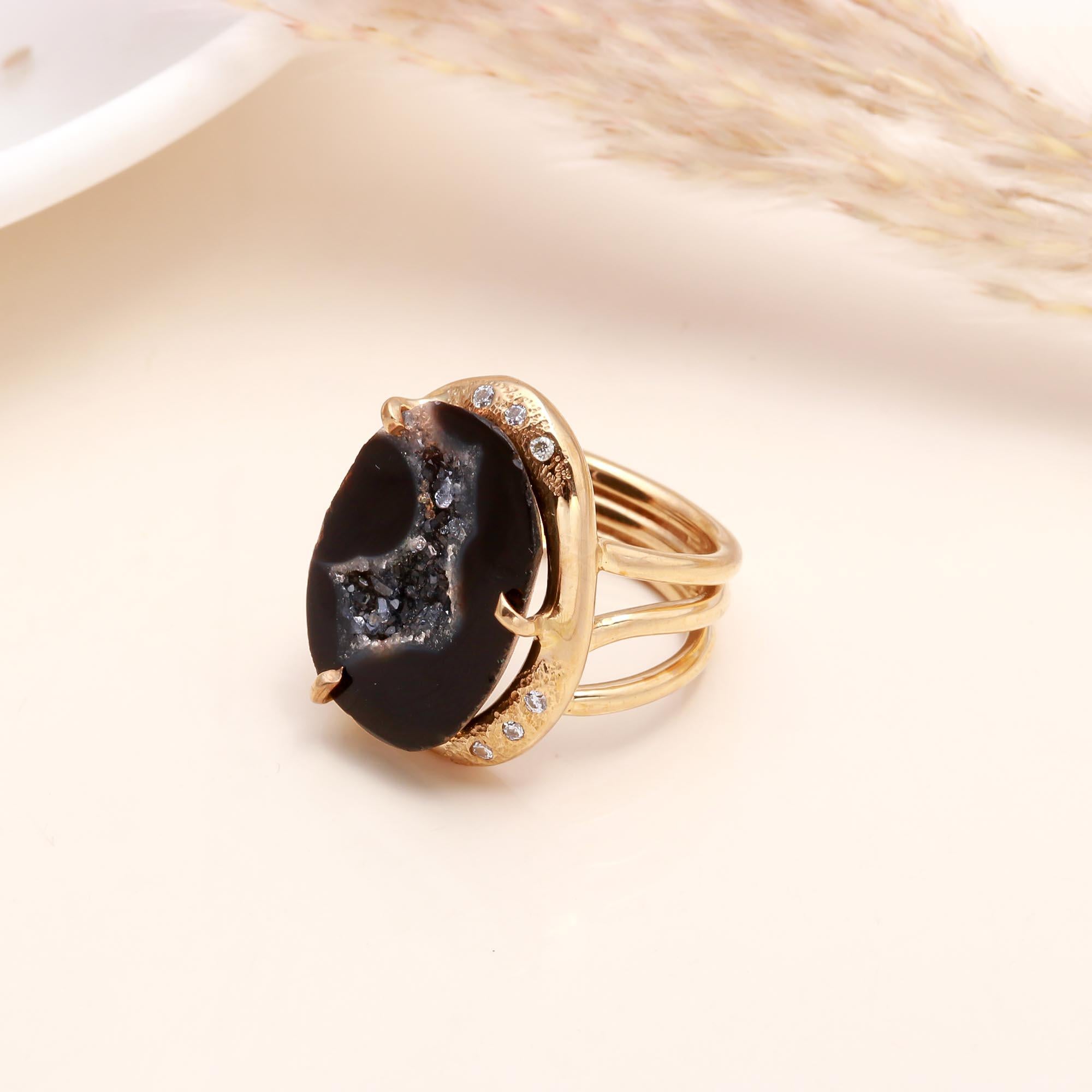 The Black Druzy Oval: Gold Edge Geode Ring