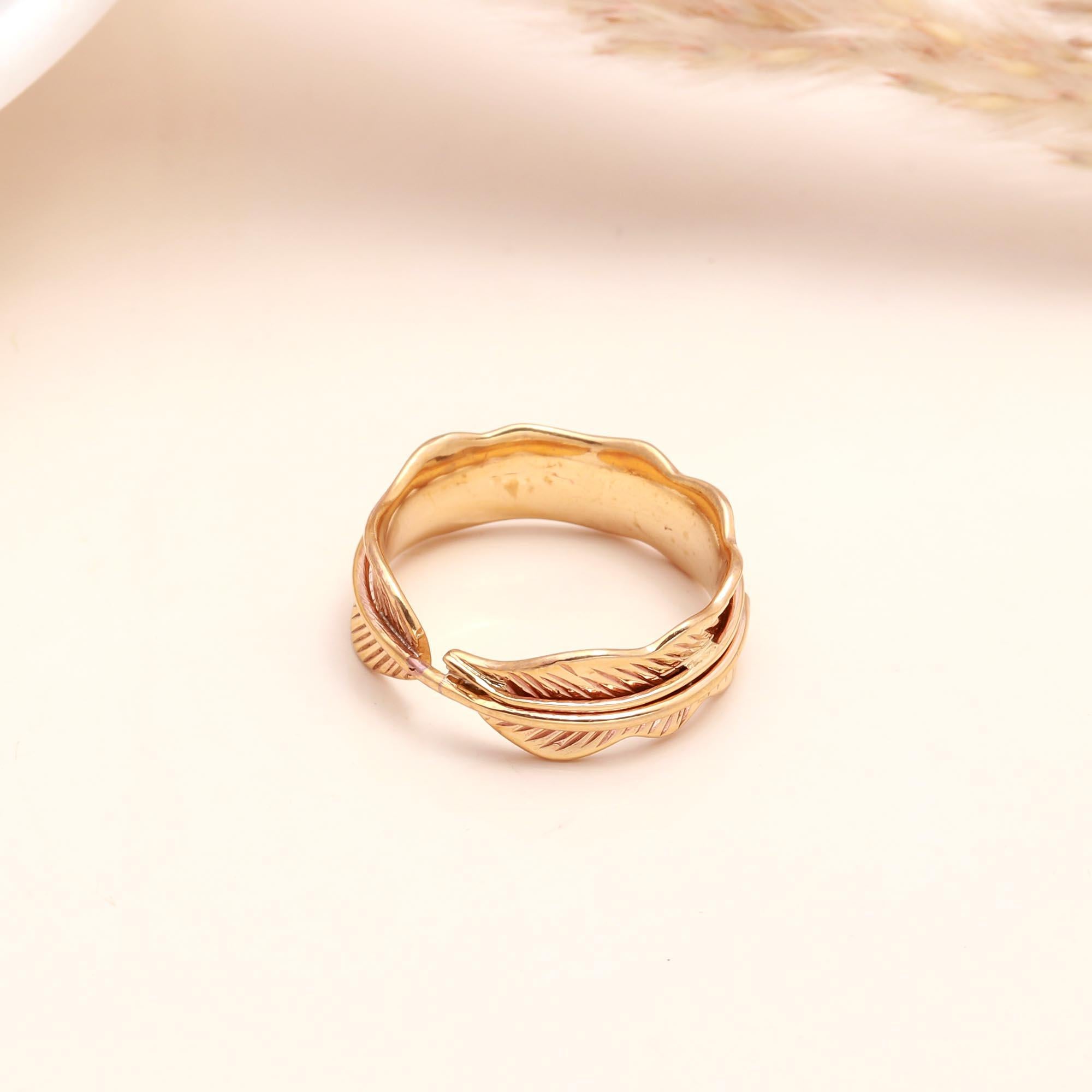 The Golden Plume: Textured Leaf Wrap Ring