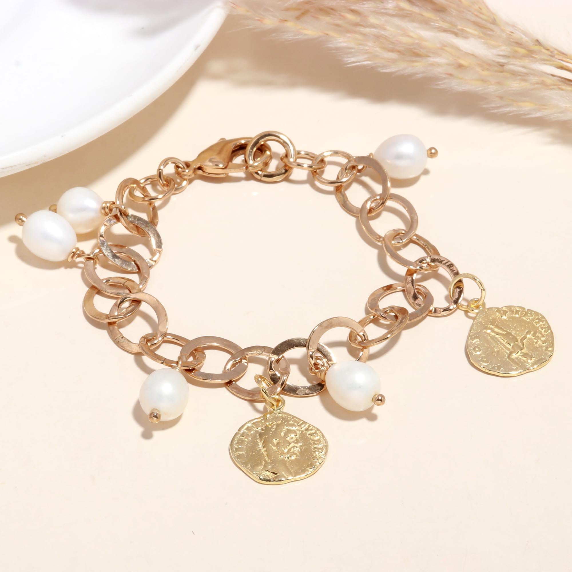 The Odyssey Charm: Gold Vermeil Coin & Pearl Link Bracelet