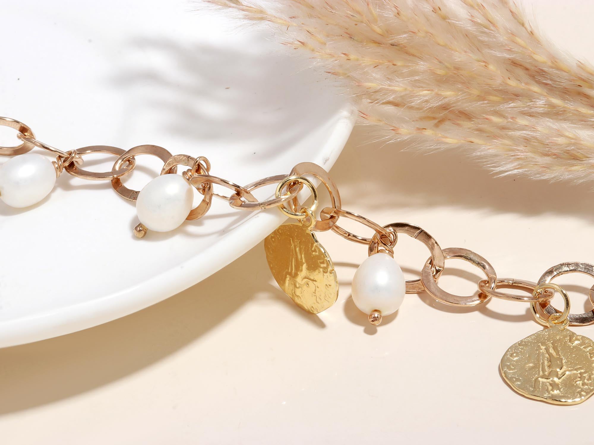 The Odyssey Charm: Gold Vermeil Coin & Pearl Link Bracelet