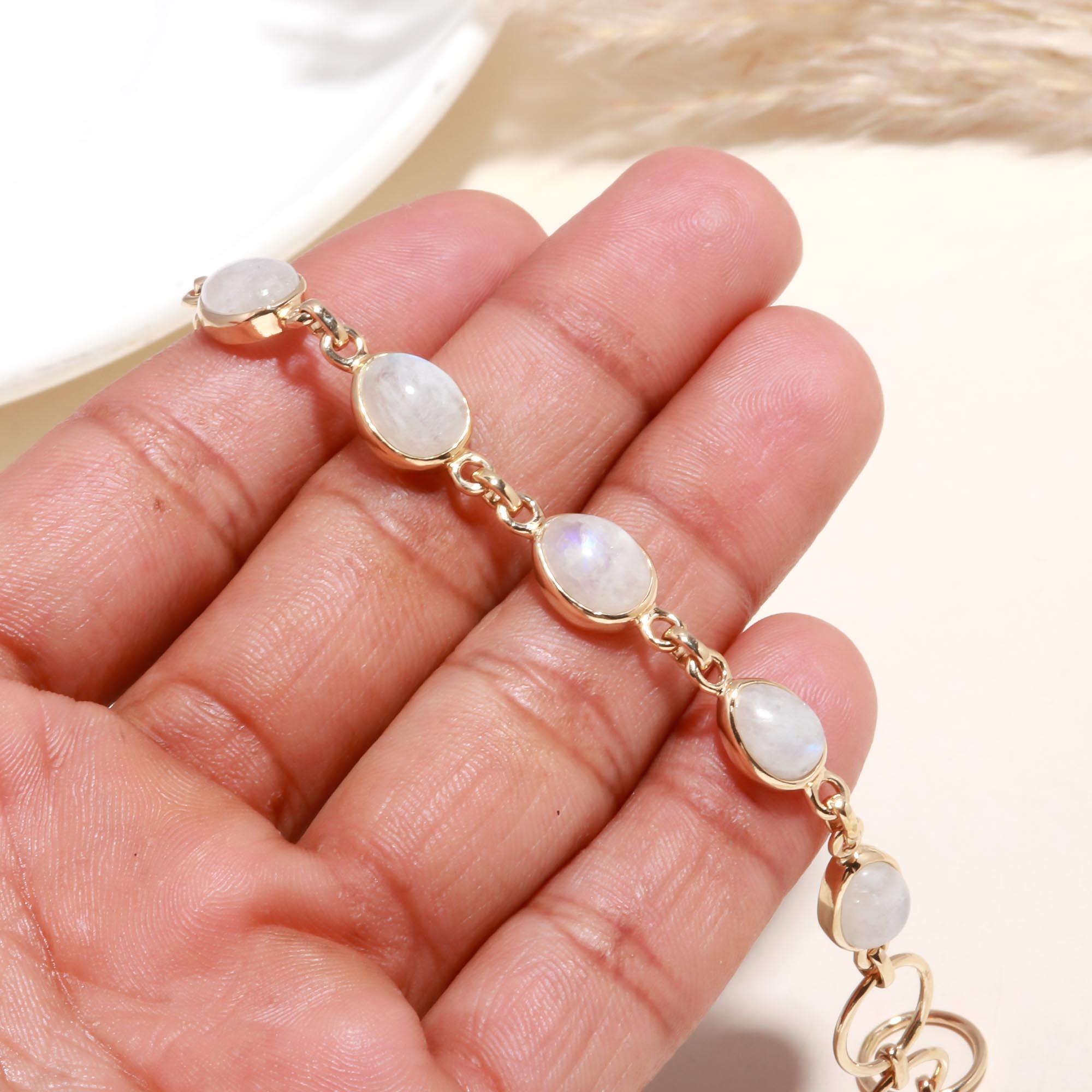 The Lunar Chain: Rainbow Moonstone Gold Link Bracelet