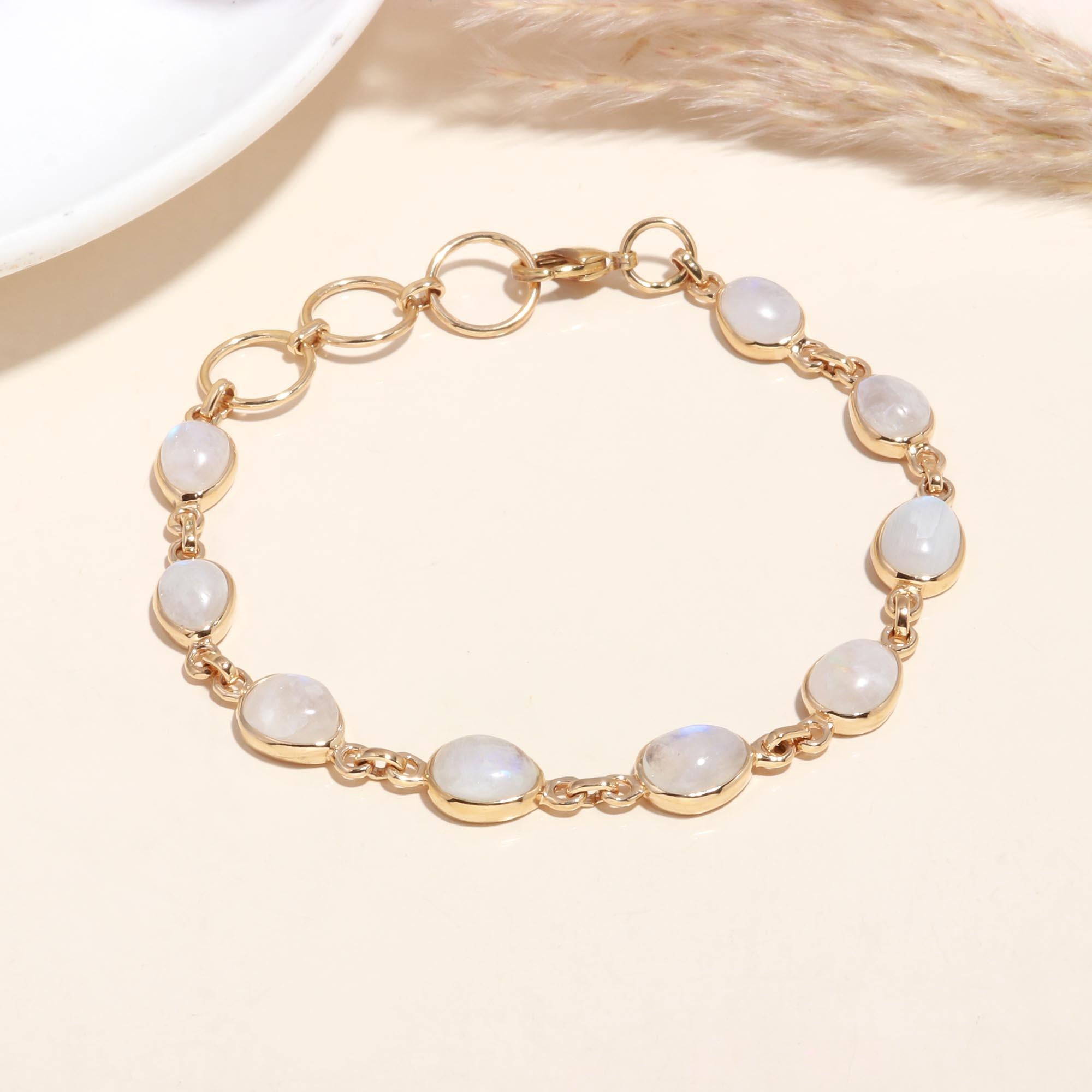 The Lunar Chain: Rainbow Moonstone Gold Link Bracelet