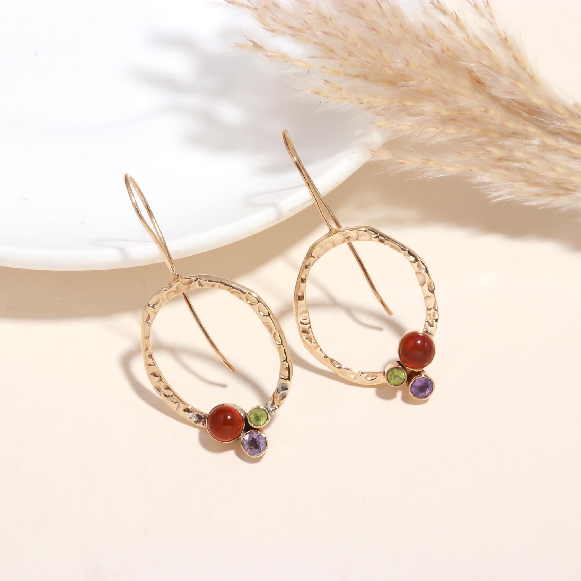 The Multi-Gem Orbit: Hammered Open Oval Earrings