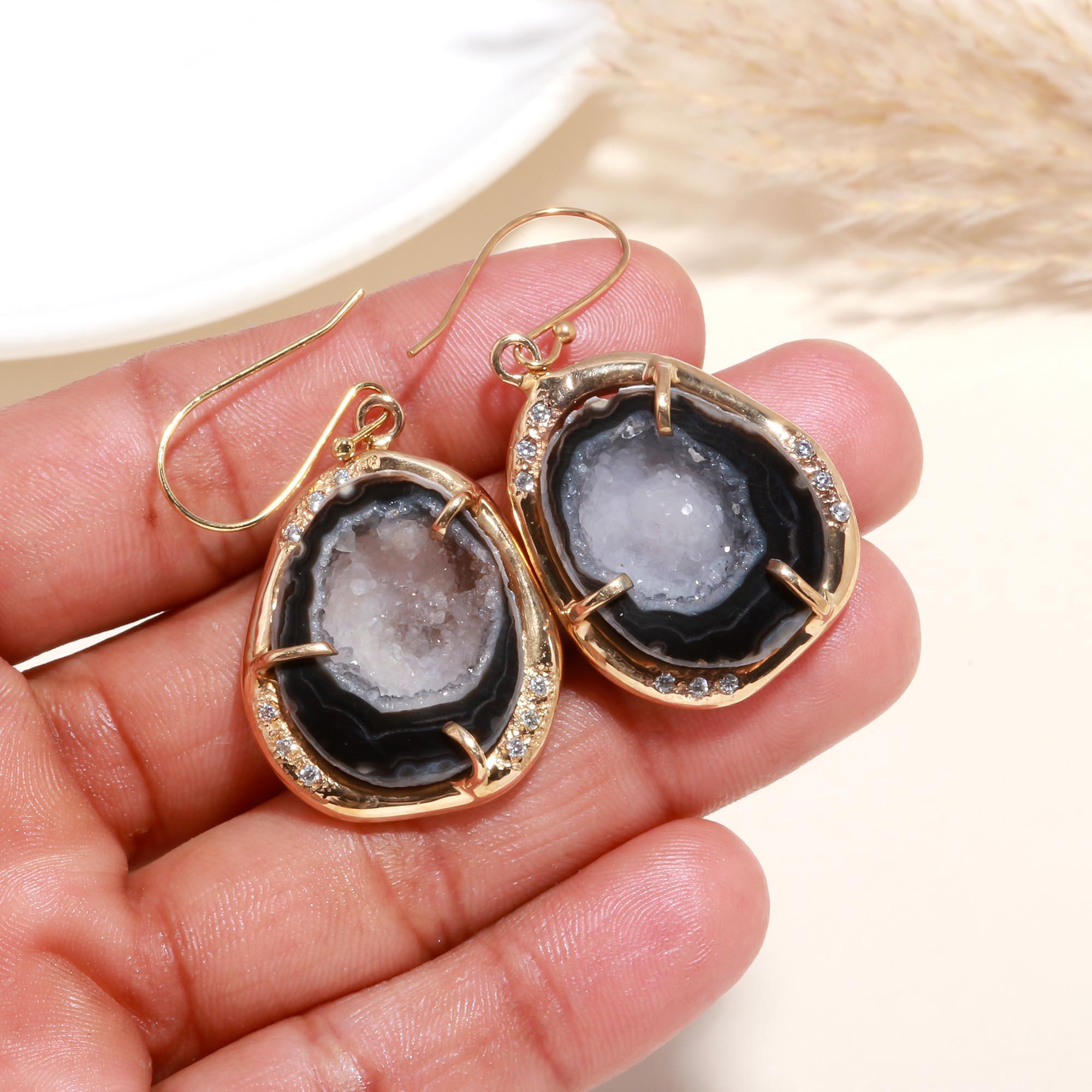 The Midnight Geode: Pave & Agate Slice Earrings