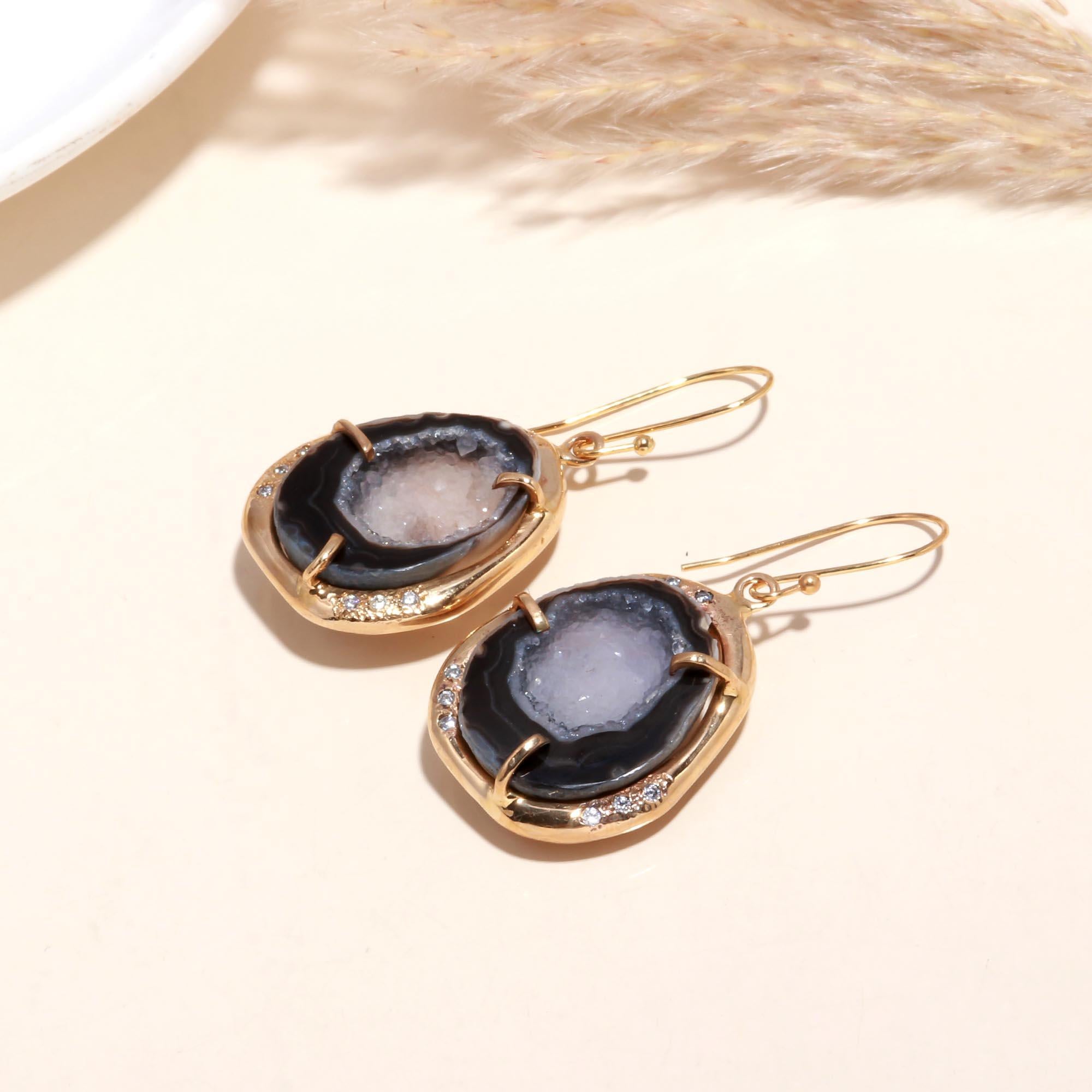 The Midnight Geode: Pave & Agate Slice Earrings