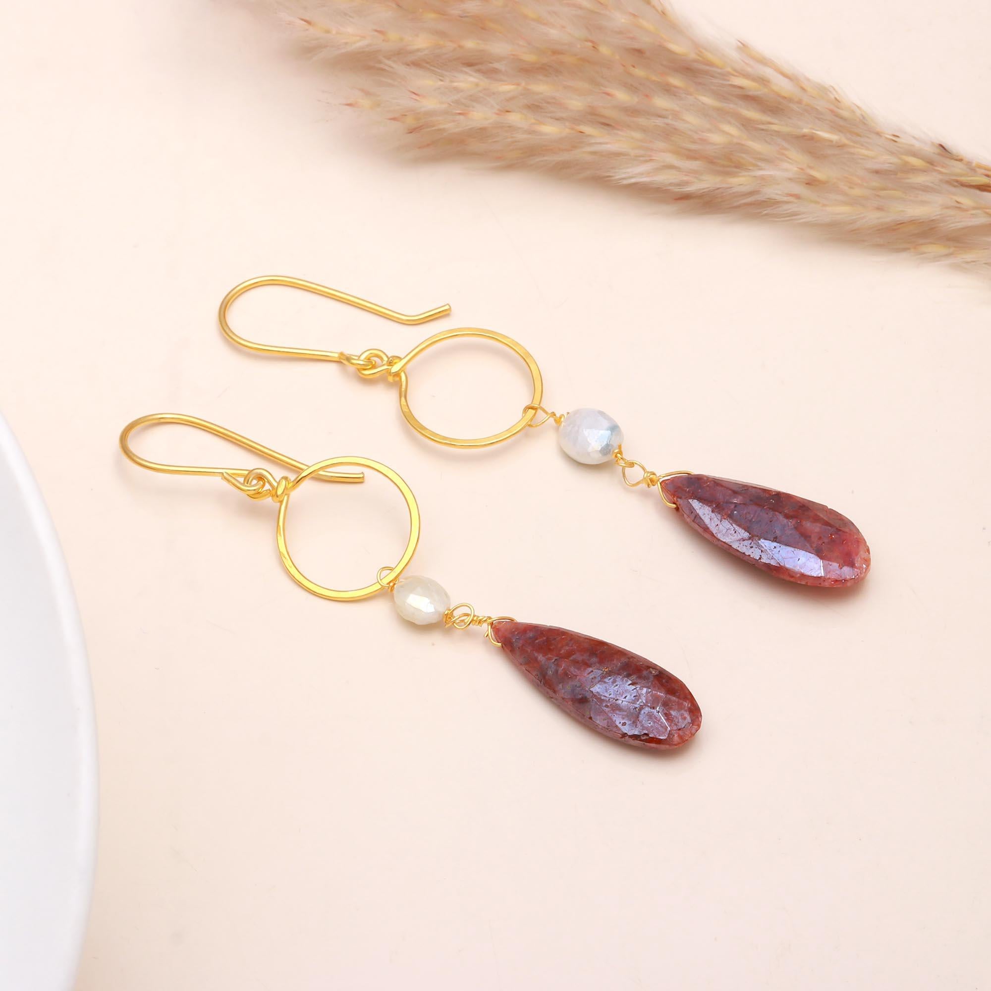 The Earthy Halo Drops Title: The Earthy Halo: Strawberry Quartz & Hoop Earrings