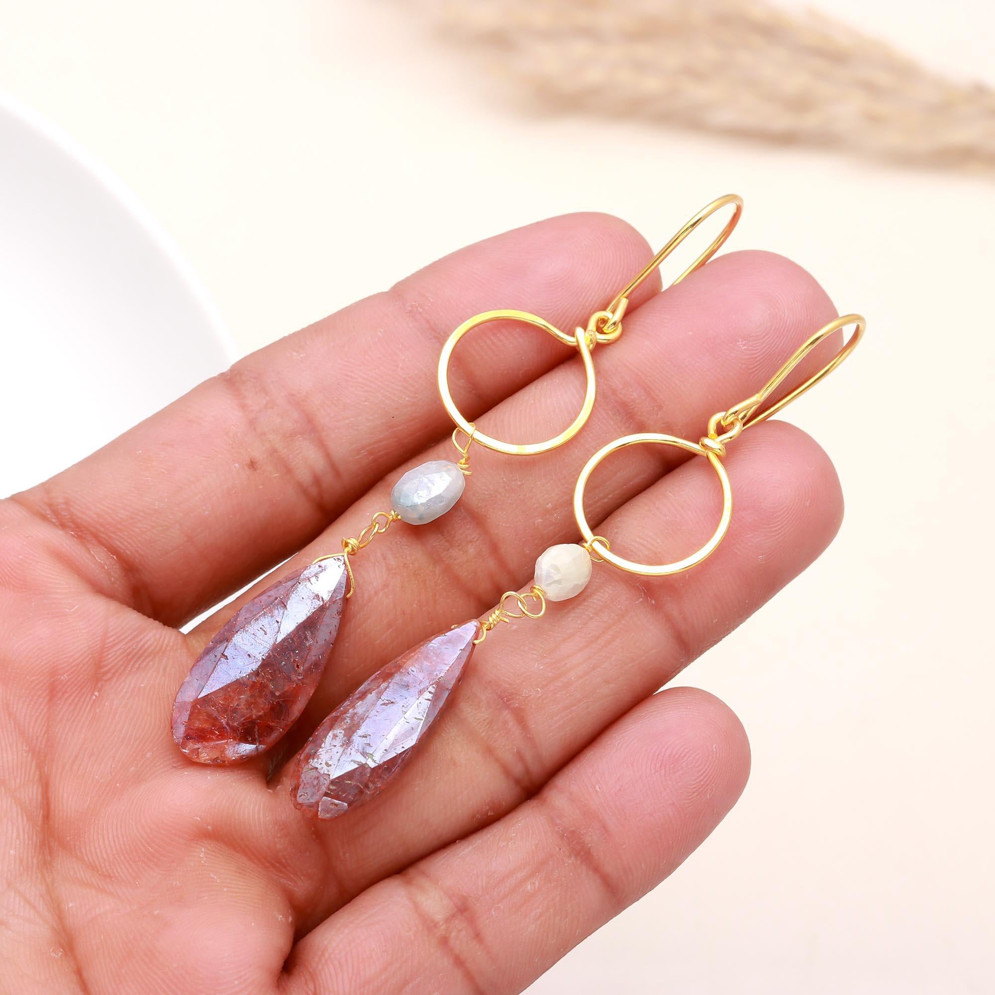 The Earthy Halo Drops Title: The Earthy Halo: Strawberry Quartz & Hoop Earrings