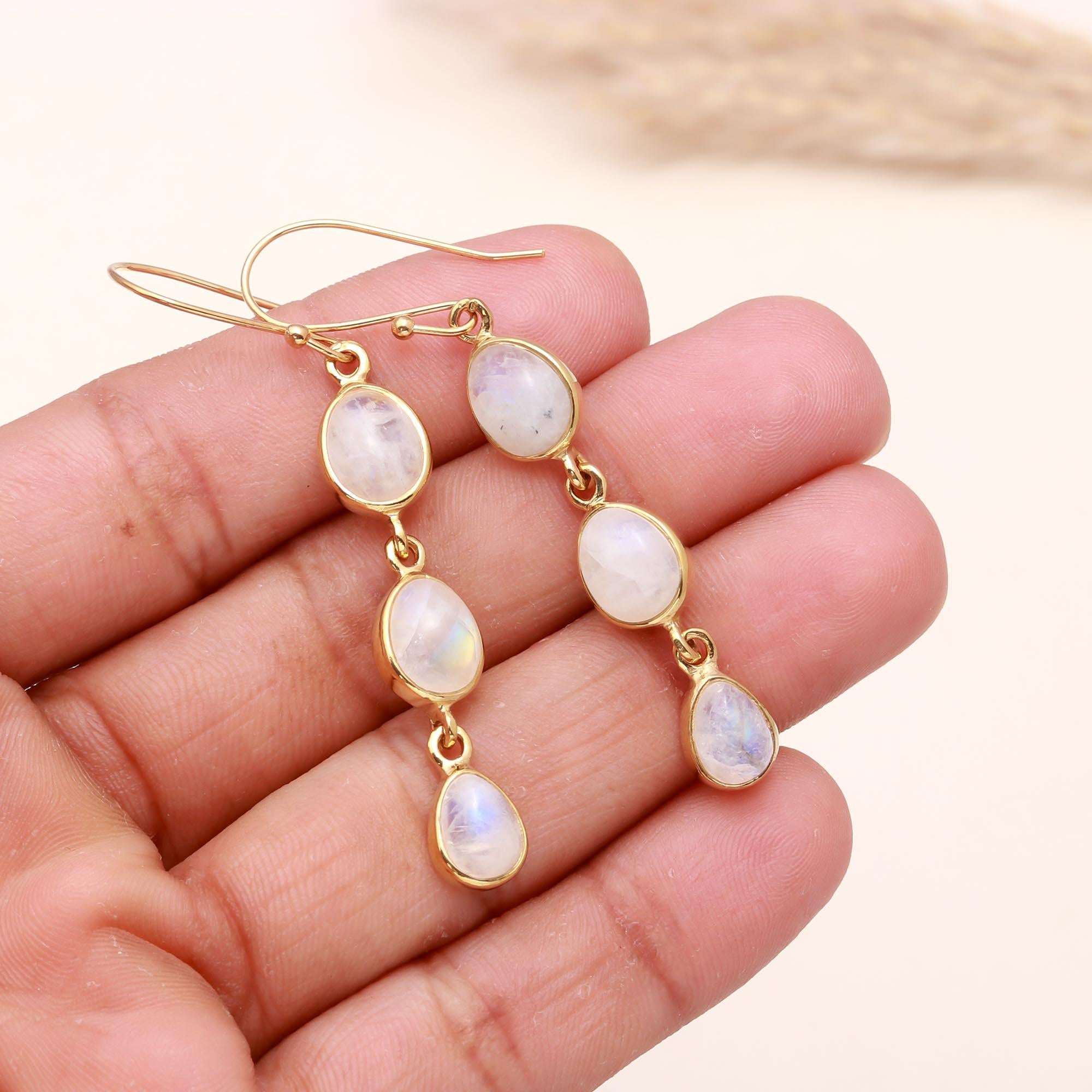 The Moonstone Cascade: Triple Linear Drop Earrings