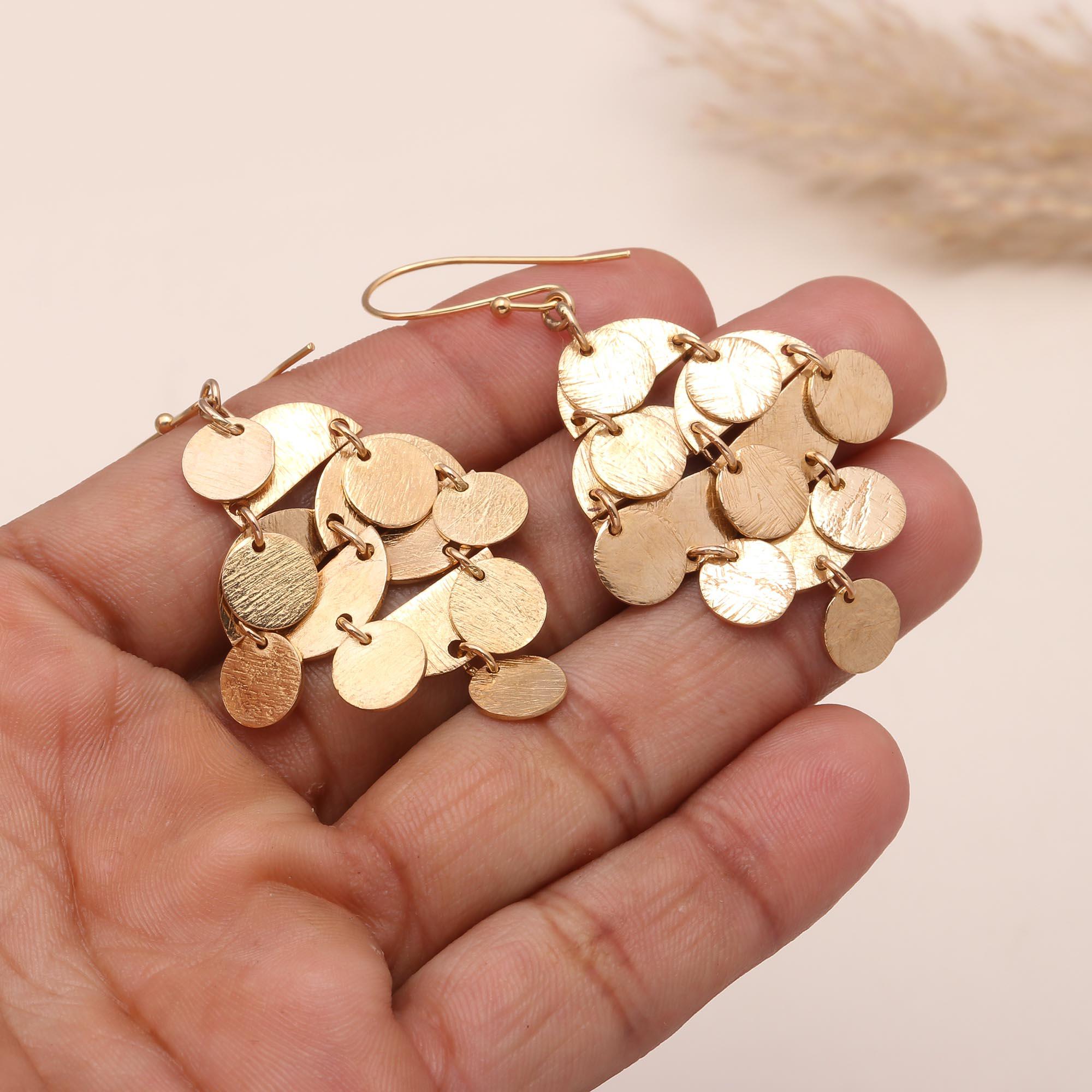 The Golden Cascade: Textured Disc Chandelier Earrings