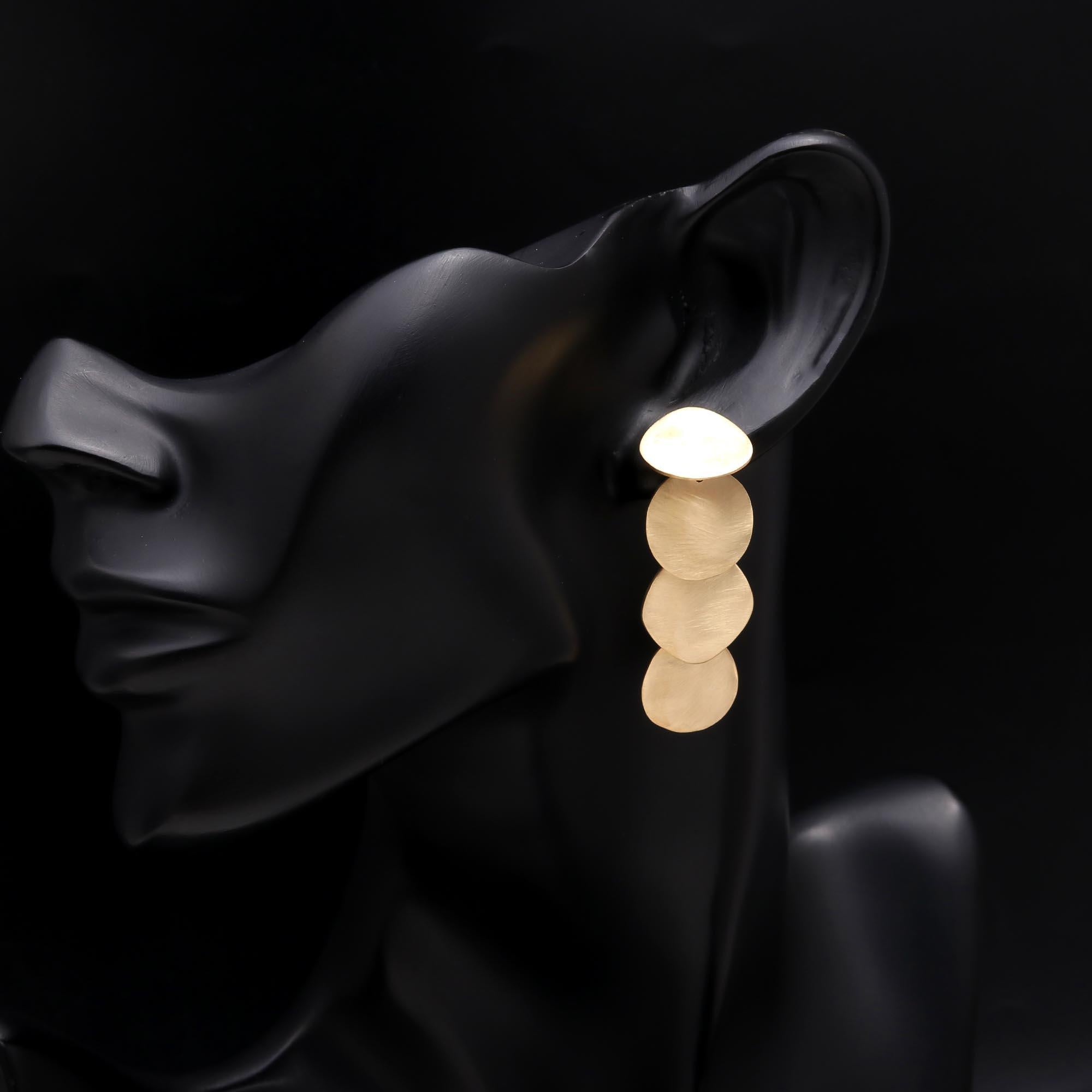 The Golden Cascade: Brushed Gold Organic Disc Drop Earrings