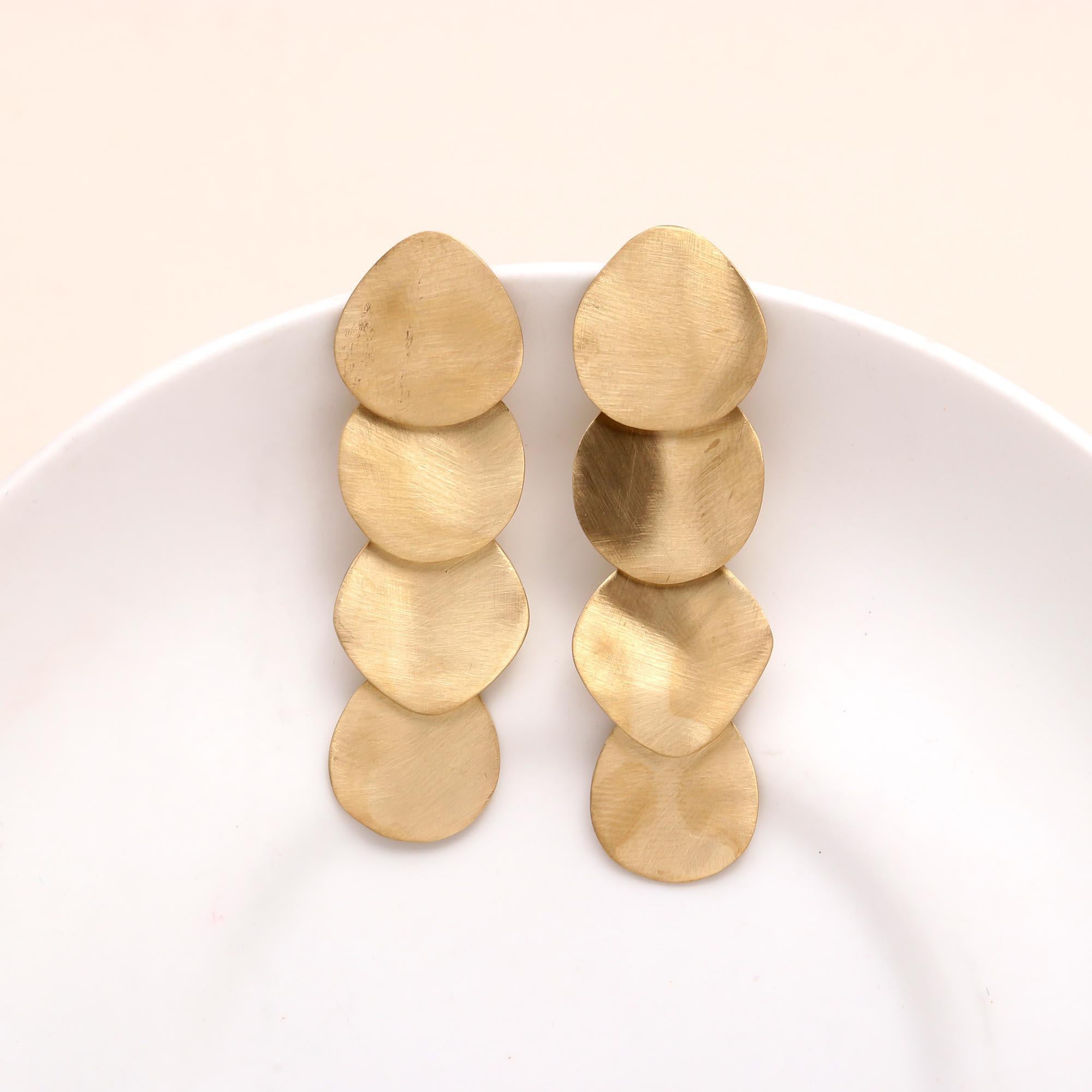 The Golden Cascade: Brushed Gold Organic Disc Drop Earrings